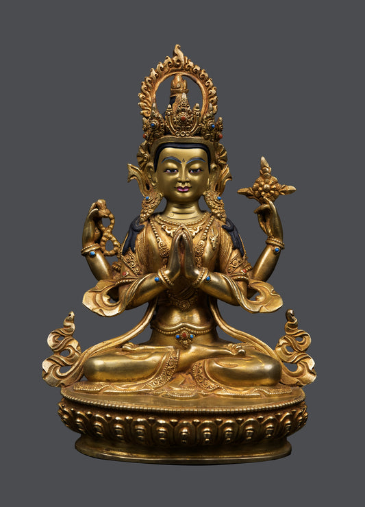 Tibetan Buddhism Lord Chenrezig Khacheri 24K Gold Face Painting Pure Copper Statue Sculpture Figure Nepal free