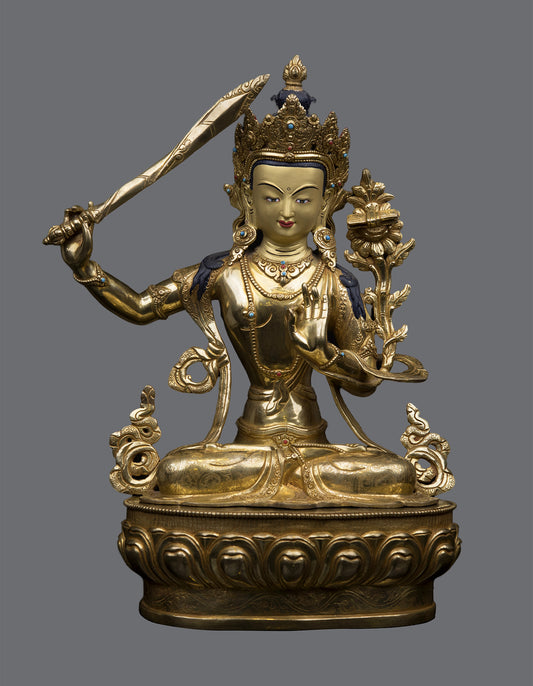 Tibetan Buddhism Lord Manjushri Gold Face Hand Painting Pure Copper Statue Sculpture Figure Nepal free