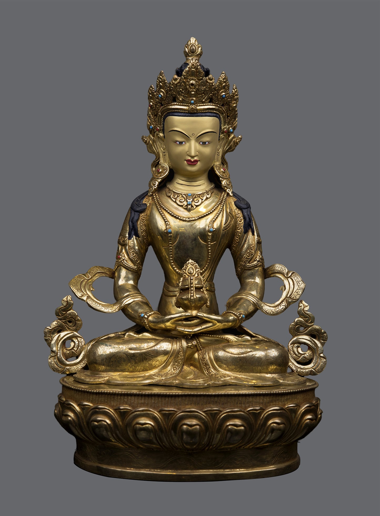 Tibetan Buddhism Gold Face Hand Painting Lord Aparimita Amitayus Buddha Pure Copper Statue Sculpture Figure Nepal free
