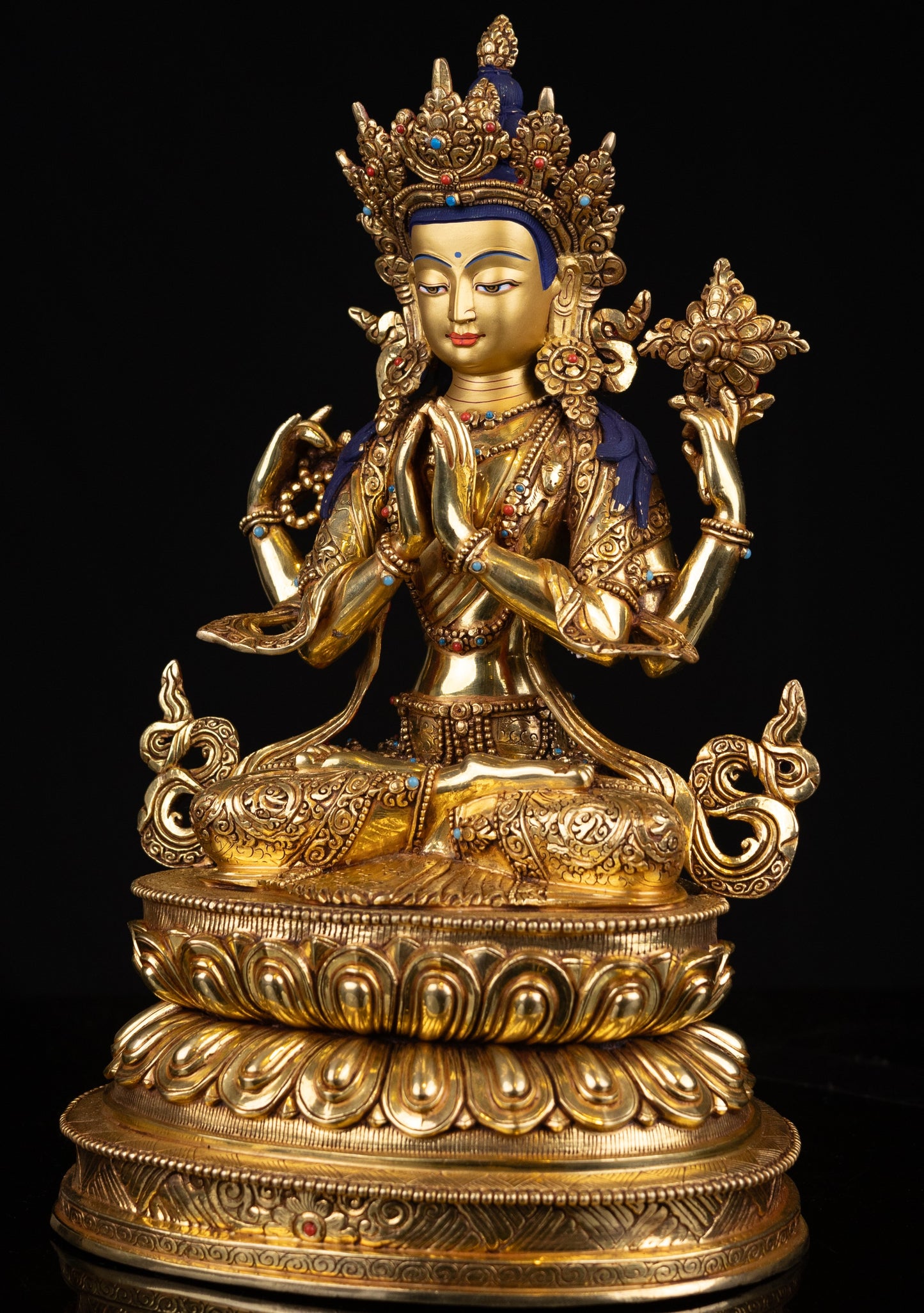 Tibetan Buddhism Gold Face Lord Chenrezig Avalokitesvara Spyan Ras Gzig Real Turquoise Coral Stone Gold Plated Copper Statue Sculpture Figure