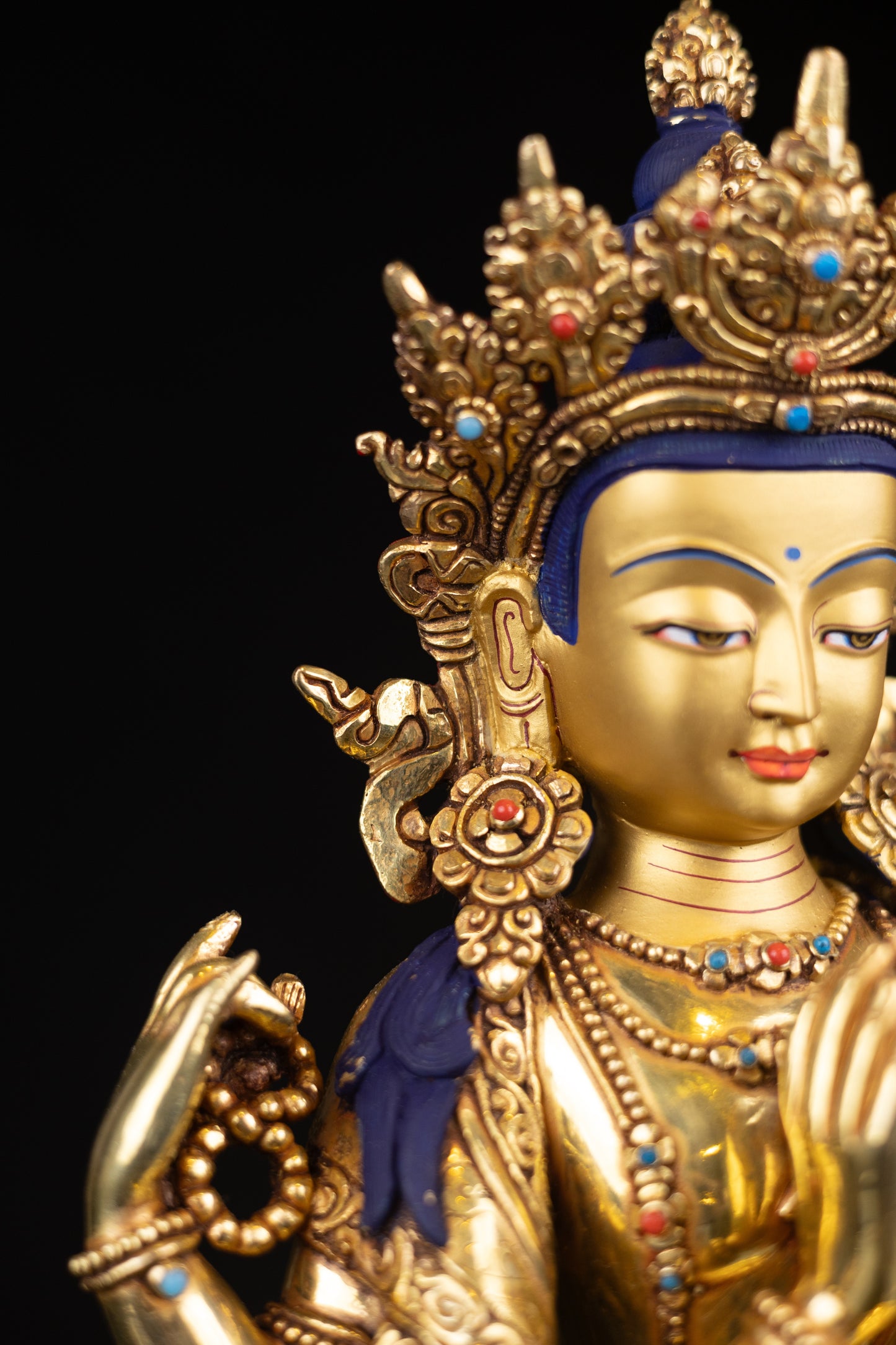 Tibetan Buddhism Gold Face Lord Chenrezig Avalokitesvara Spyan Ras Gzig Real Turquoise Coral Stone Gold Plated Copper Statue Sculpture Figure
