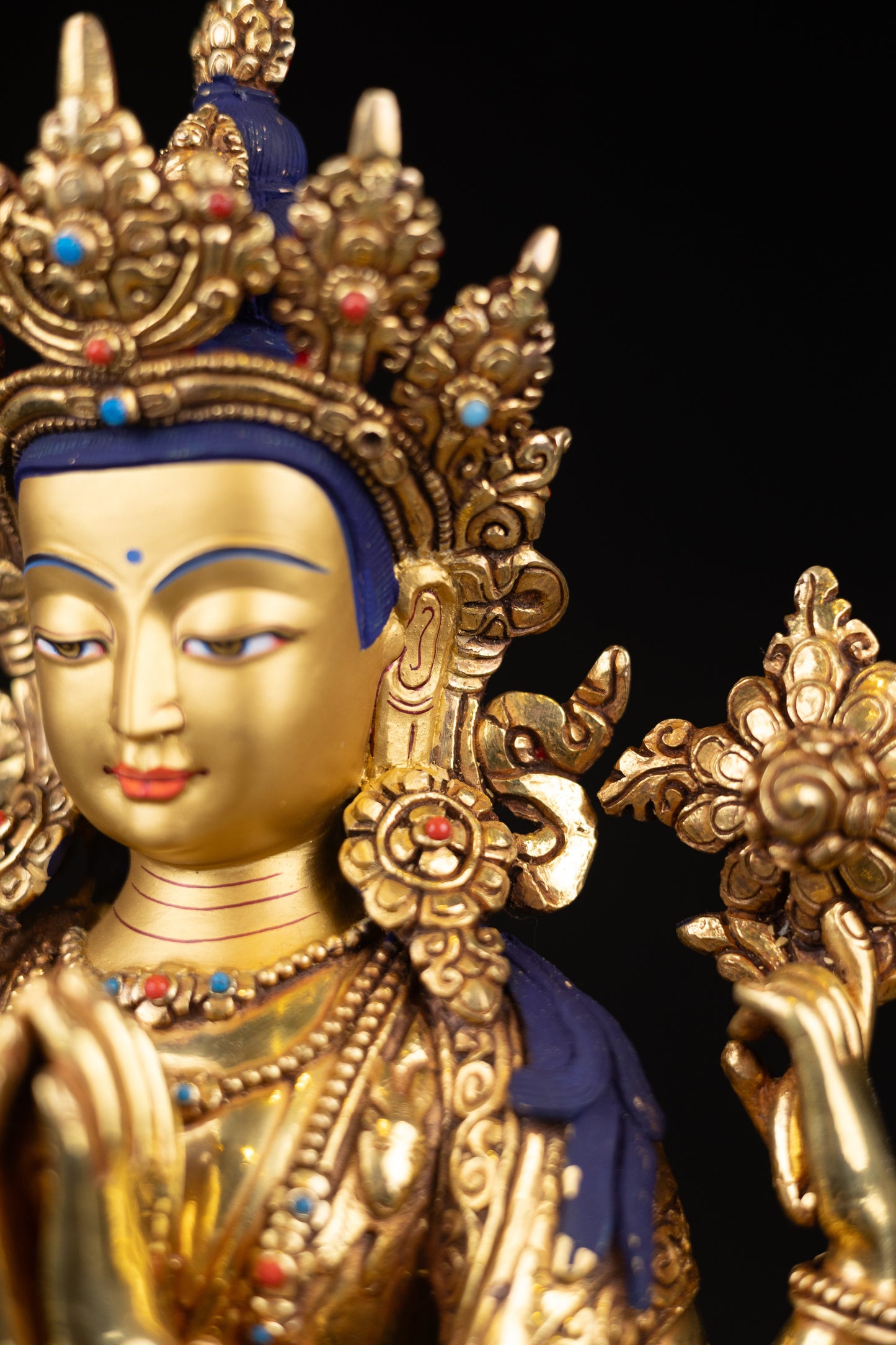 Tibetan Buddhism Gold Face Lord Chenrezig Avalokitesvara Spyan Ras Gzig Real Turquoise Coral Stone Gold Plated Copper Statue Sculpture Figure