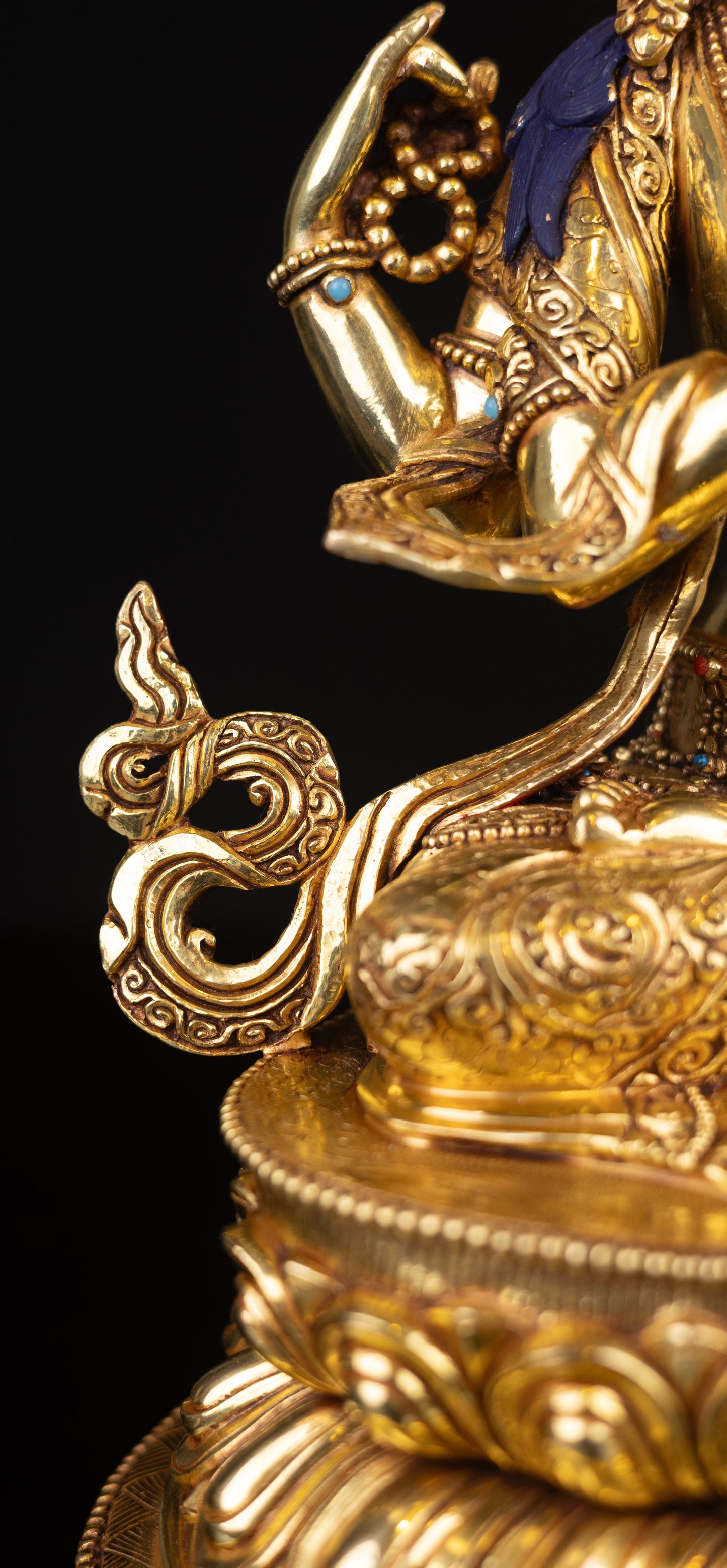 Tibetan Buddhism Gold Face Lord Chenrezig Avalokitesvara Spyan Ras Gzig Real Turquoise Coral Stone Gold Plated Copper Statue Sculpture Figure