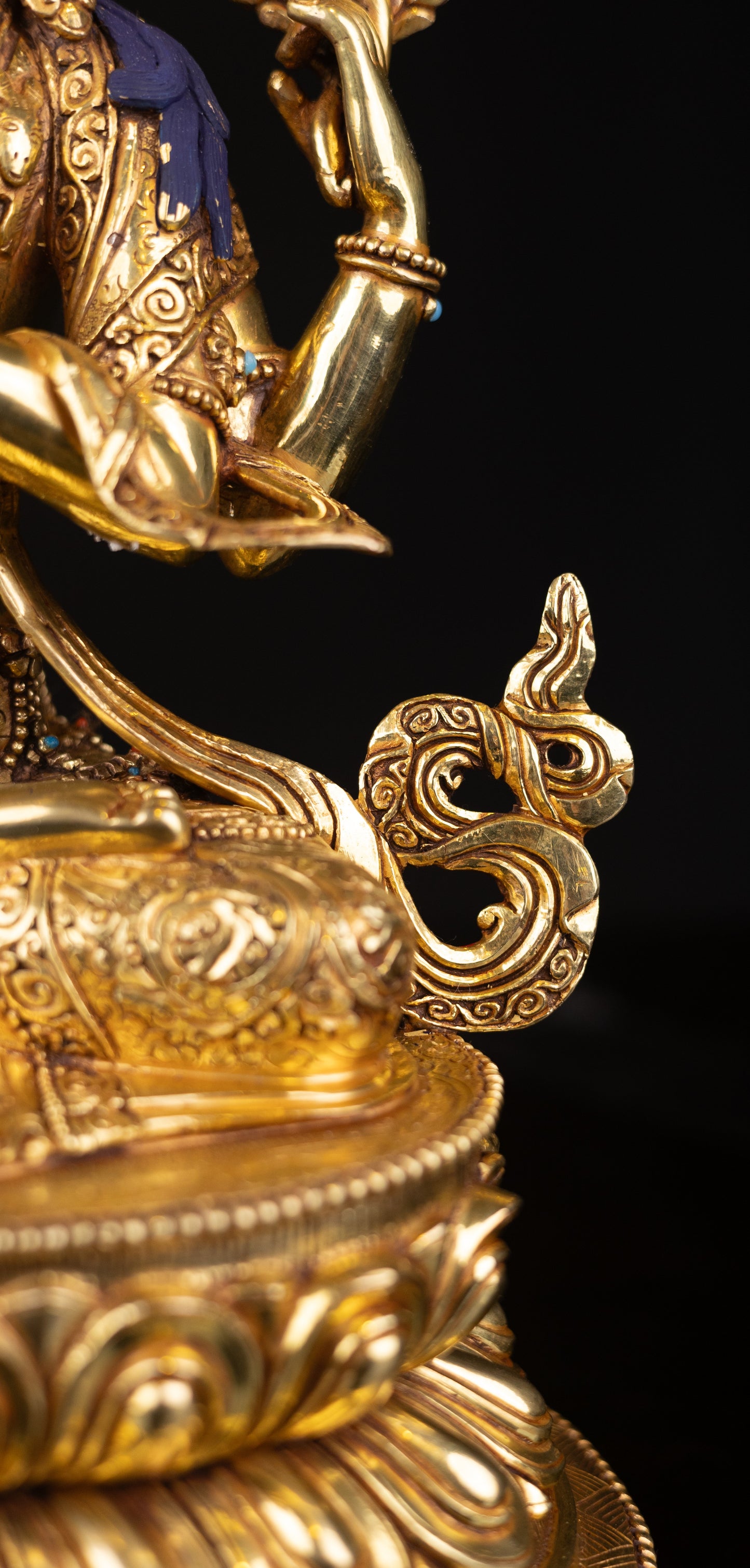 Tibetan Buddhism Gold Face Lord Chenrezig Avalokitesvara Spyan Ras Gzig Real Turquoise Coral Stone Gold Plated Copper Statue Sculpture Figure