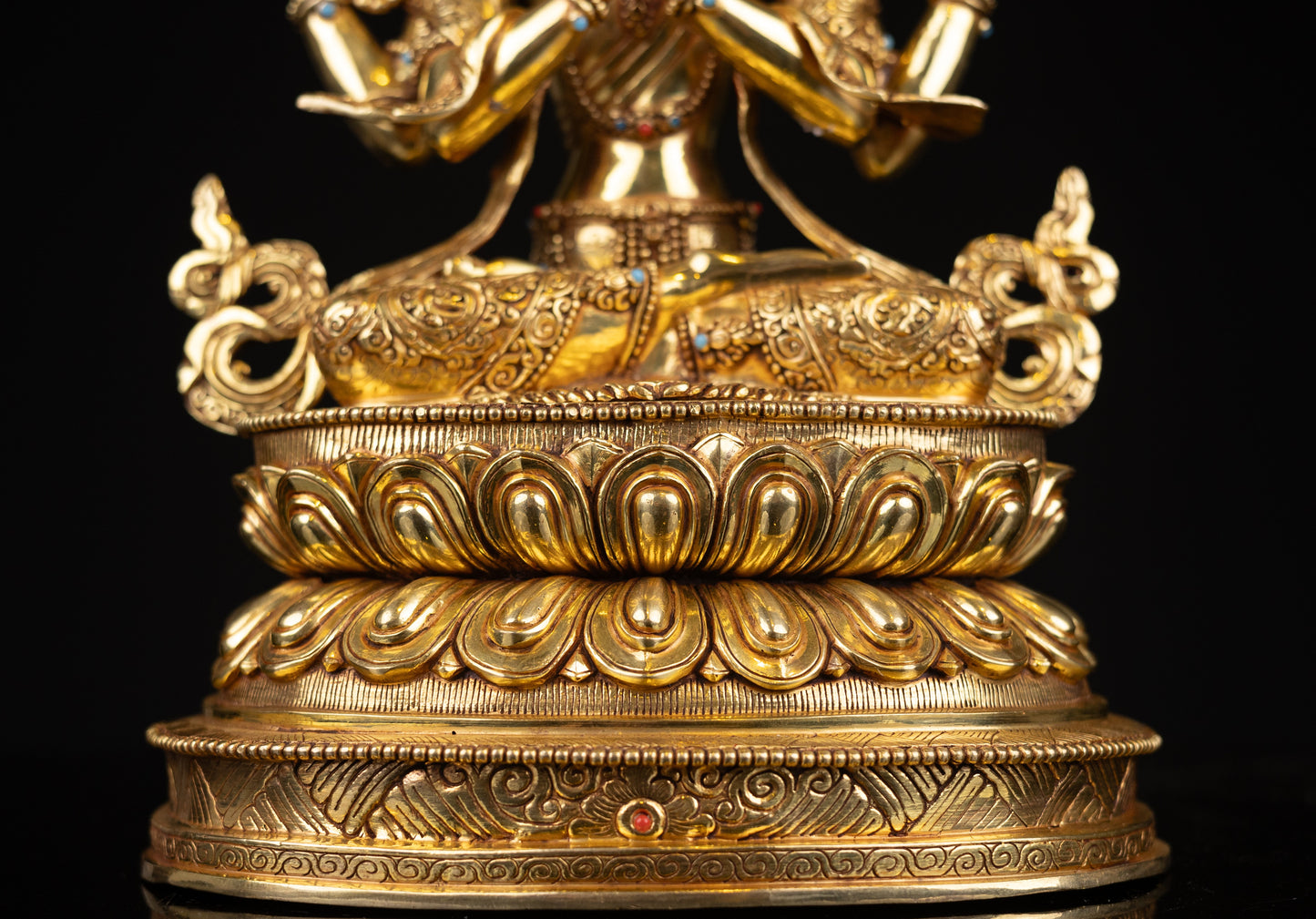 Tibetan Buddhism Gold Face Lord Chenrezig Avalokitesvara Spyan Ras Gzig Real Turquoise Coral Stone Gold Plated Copper Statue Sculpture Figure