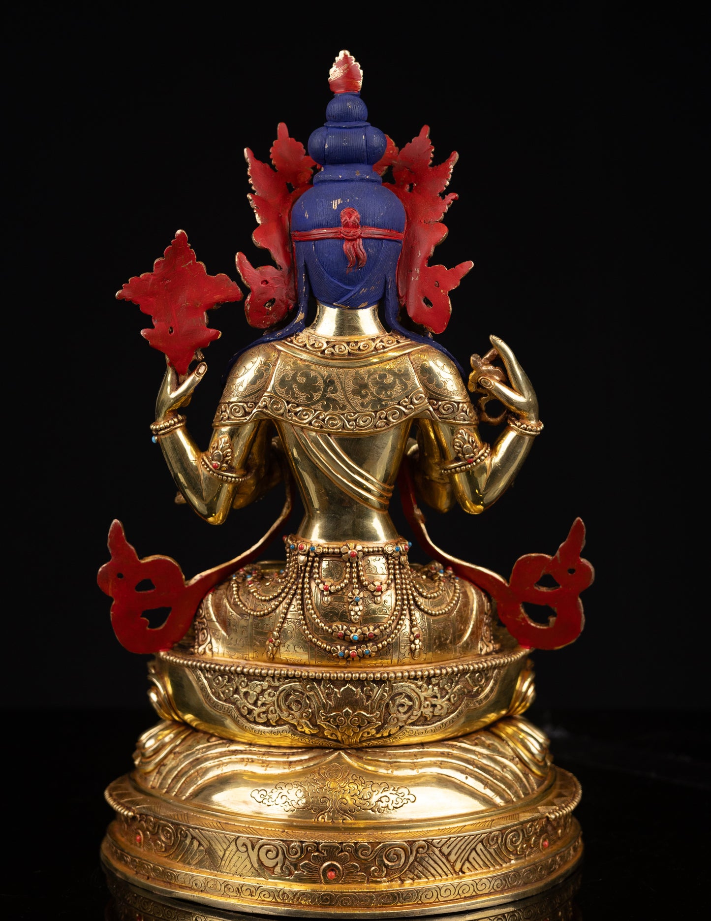 Tibetan Buddhism Gold Face Lord Chenrezig Avalokitesvara Spyan Ras Gzig Real Turquoise Coral Stone Gold Plated Copper Statue Sculpture Figure