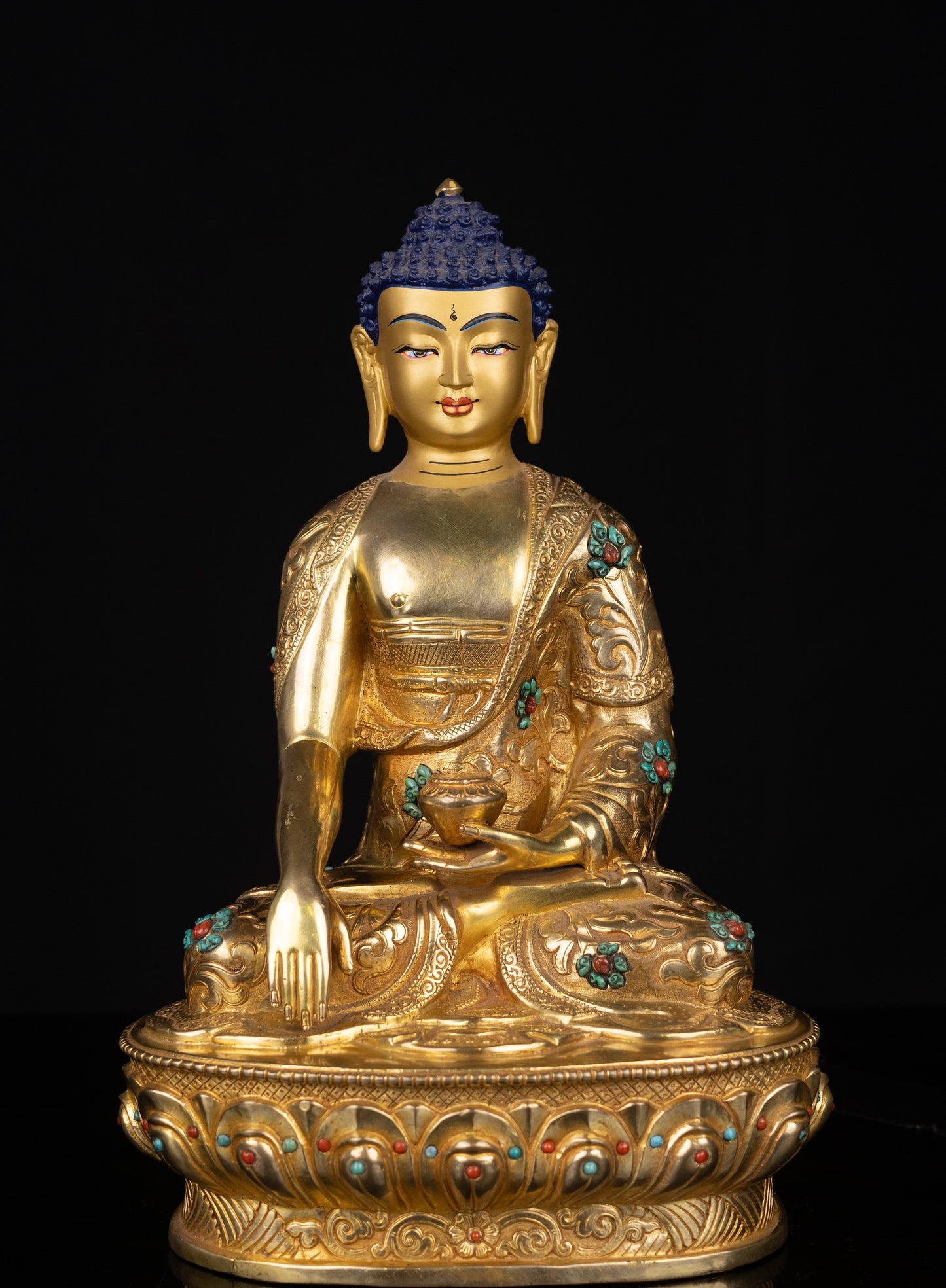 Tibetan Buddhism Gold Face Lord Shakyamuni Buddha Shakya Thubp Hand Craved Gold-Plated Coral Turquoise Stone Copper Statue Sculpture Figure