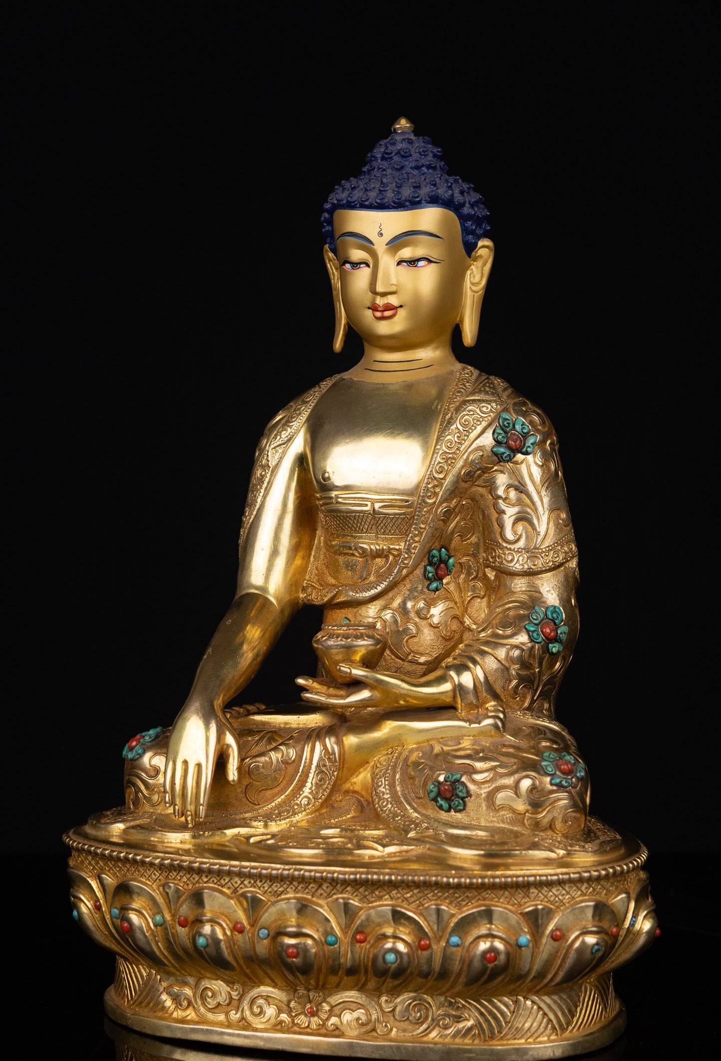 Tibetan Buddhism Gold Face Lord Shakyamuni Buddha Shakya Thubp Hand Craved Gold-Plated Coral Turquoise Stone Copper Statue Sculpture Figure