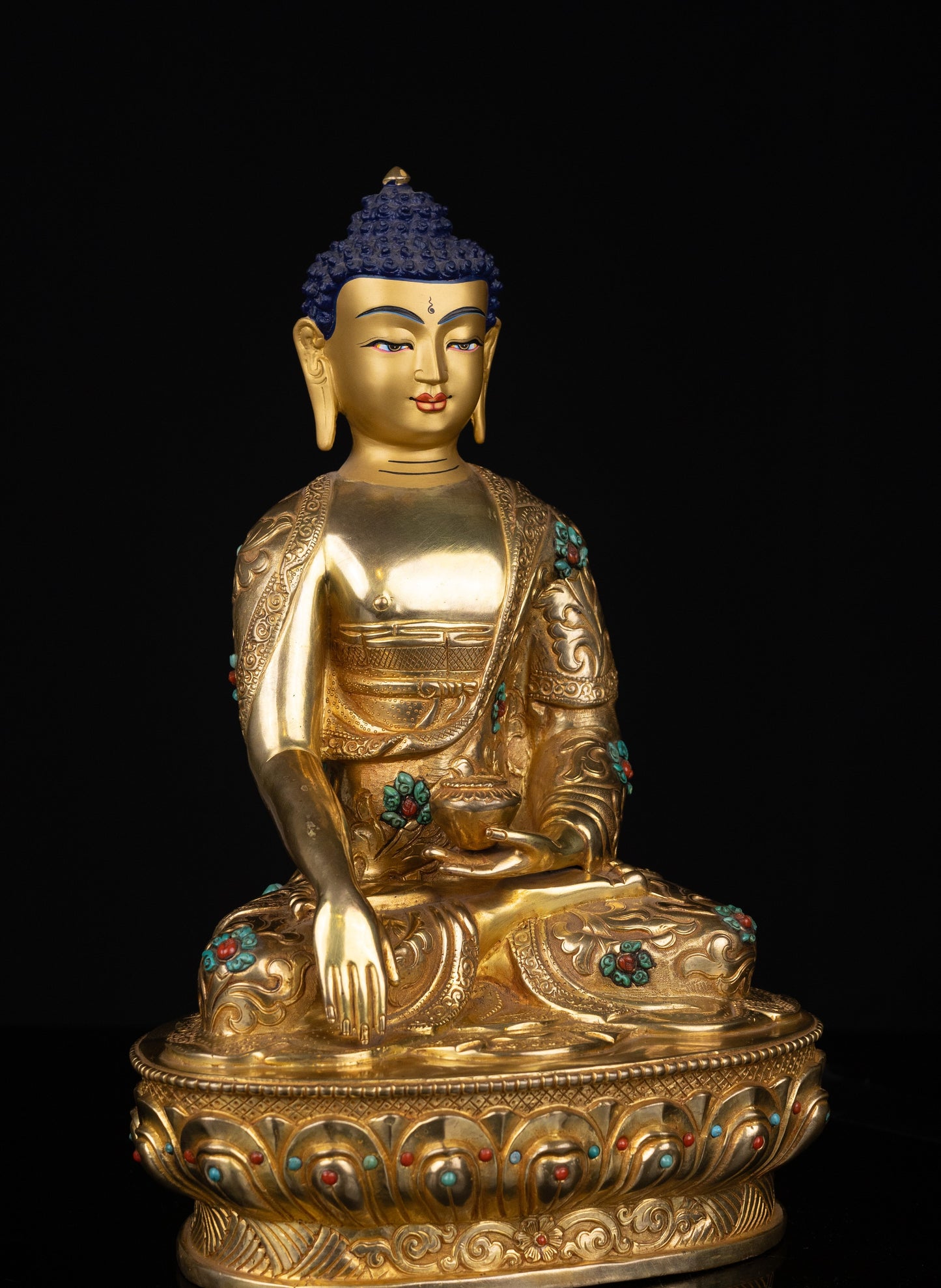Tibetan Buddhism Gold Face Lord Shakyamuni Buddha Shakya Thubp Hand Craved Gold-Plated Coral Turquoise Stone Copper Statue Sculpture Figure
