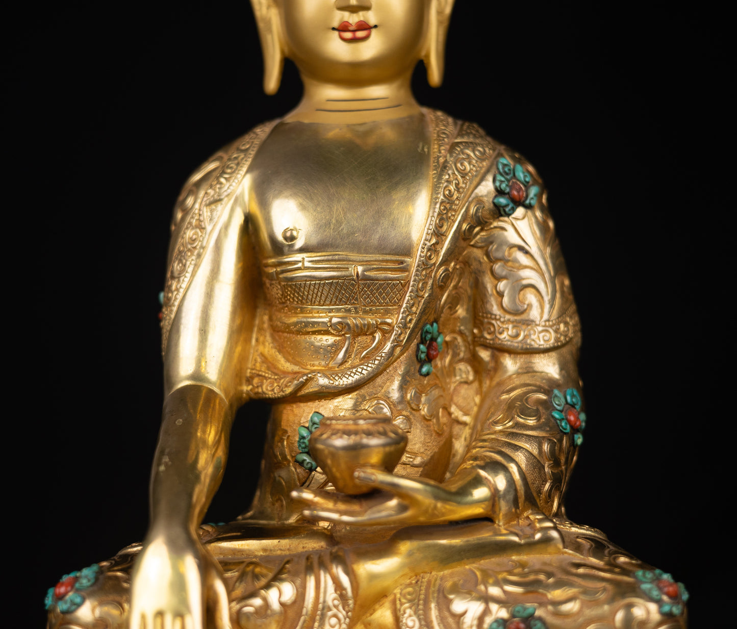 Tibetan Buddhism Gold Face Lord Shakyamuni Buddha Shakya Thubp Hand Craved Gold-Plated Coral Turquoise Stone Copper Statue Sculpture Figure