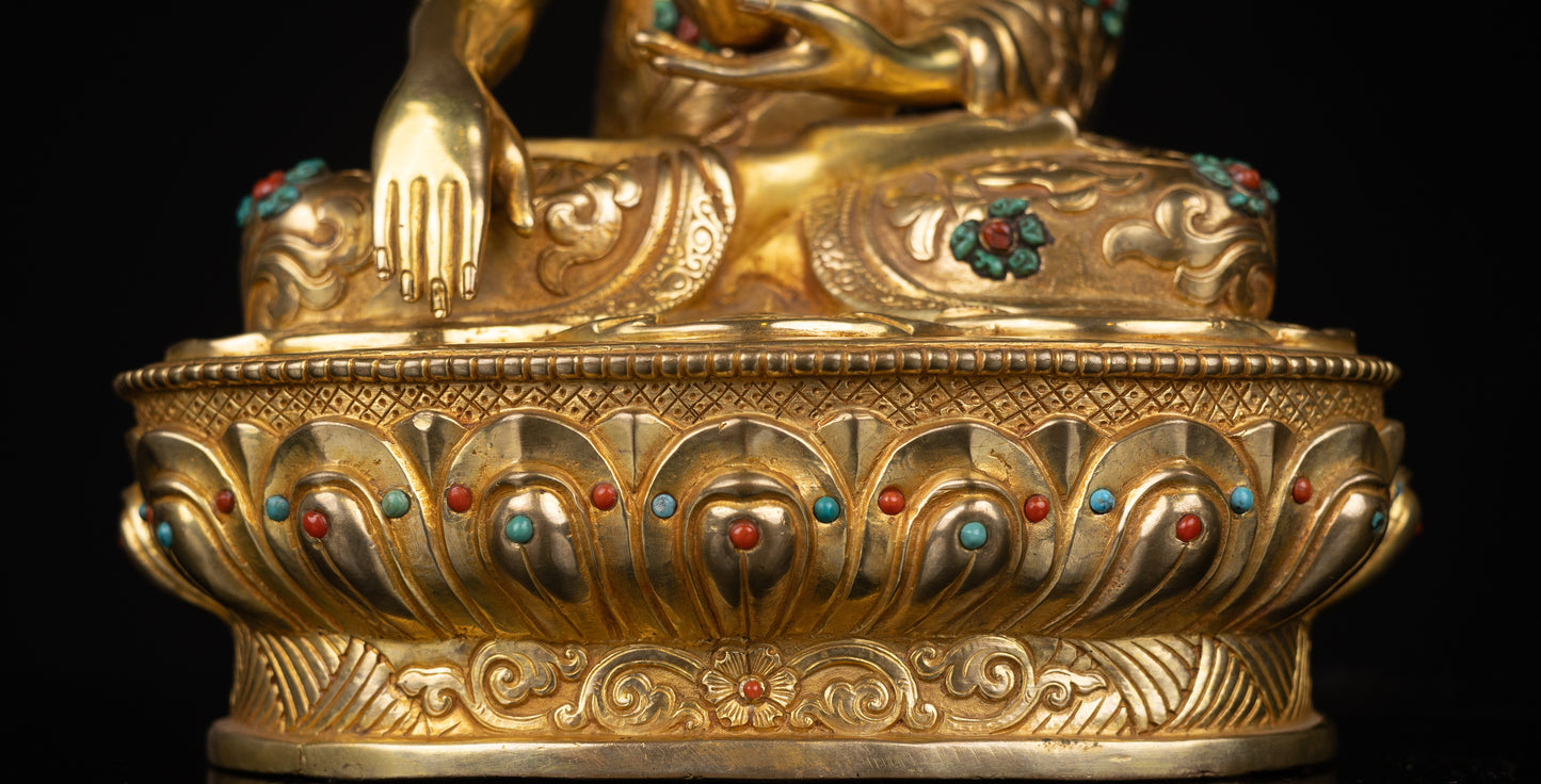 Tibetan Buddhism Gold Face Lord Shakyamuni Buddha Shakya Thubp Hand Craved Gold-Plated Coral Turquoise Stone Copper Statue Sculpture Figure