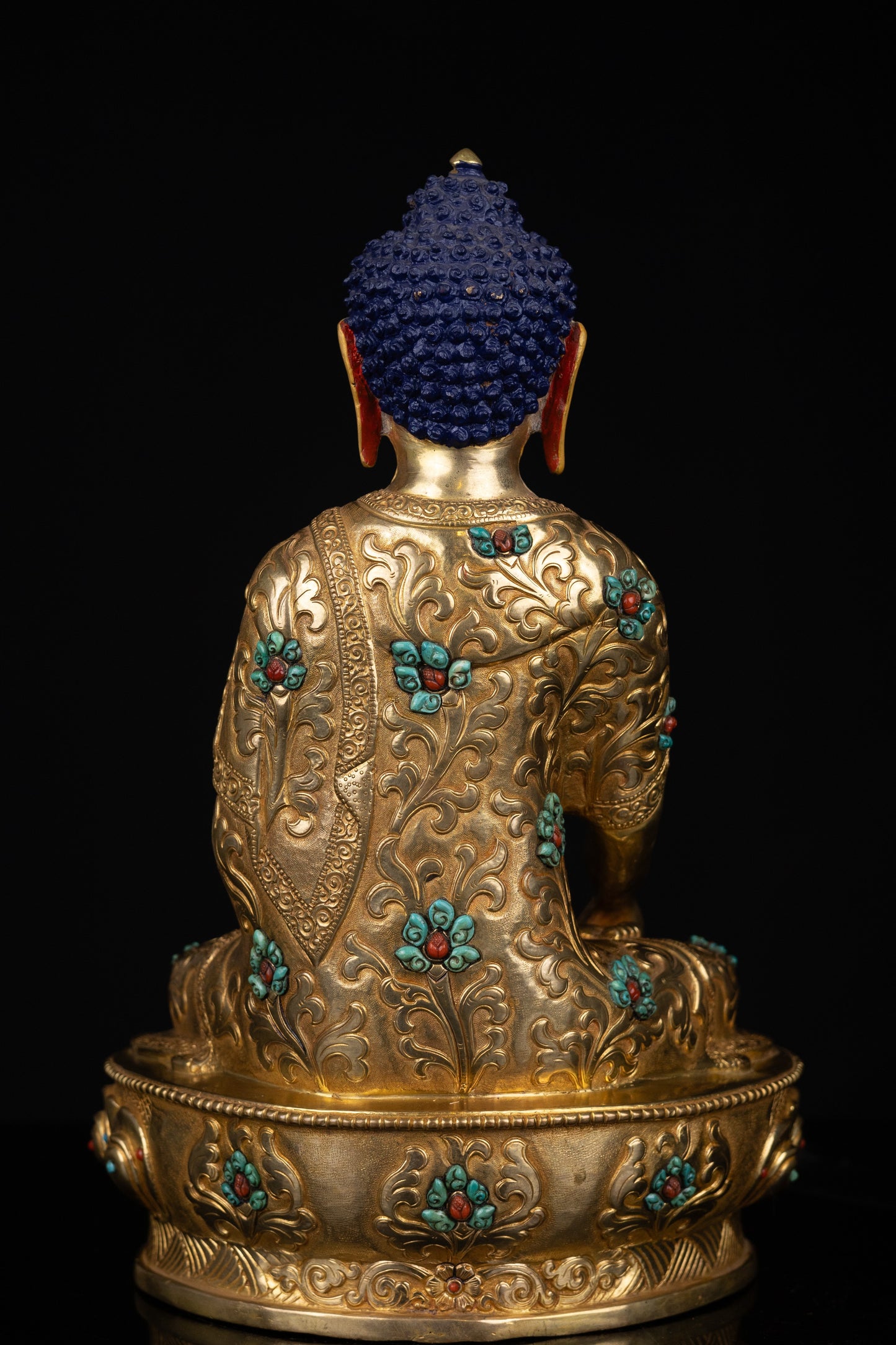 Tibetan Buddhism Gold Face Lord Shakyamuni Buddha Shakya Thubp Hand Craved Gold-Plated Coral Turquoise Stone Copper Statue Sculpture Figure