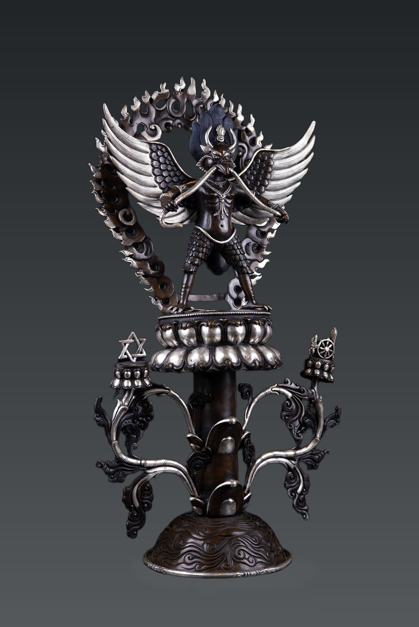 Tibetan Buddhism Handmade Garuda Bantej Eagle Silver Plated Pure Copper Oxide Statue Figure Sculpture Nepal free