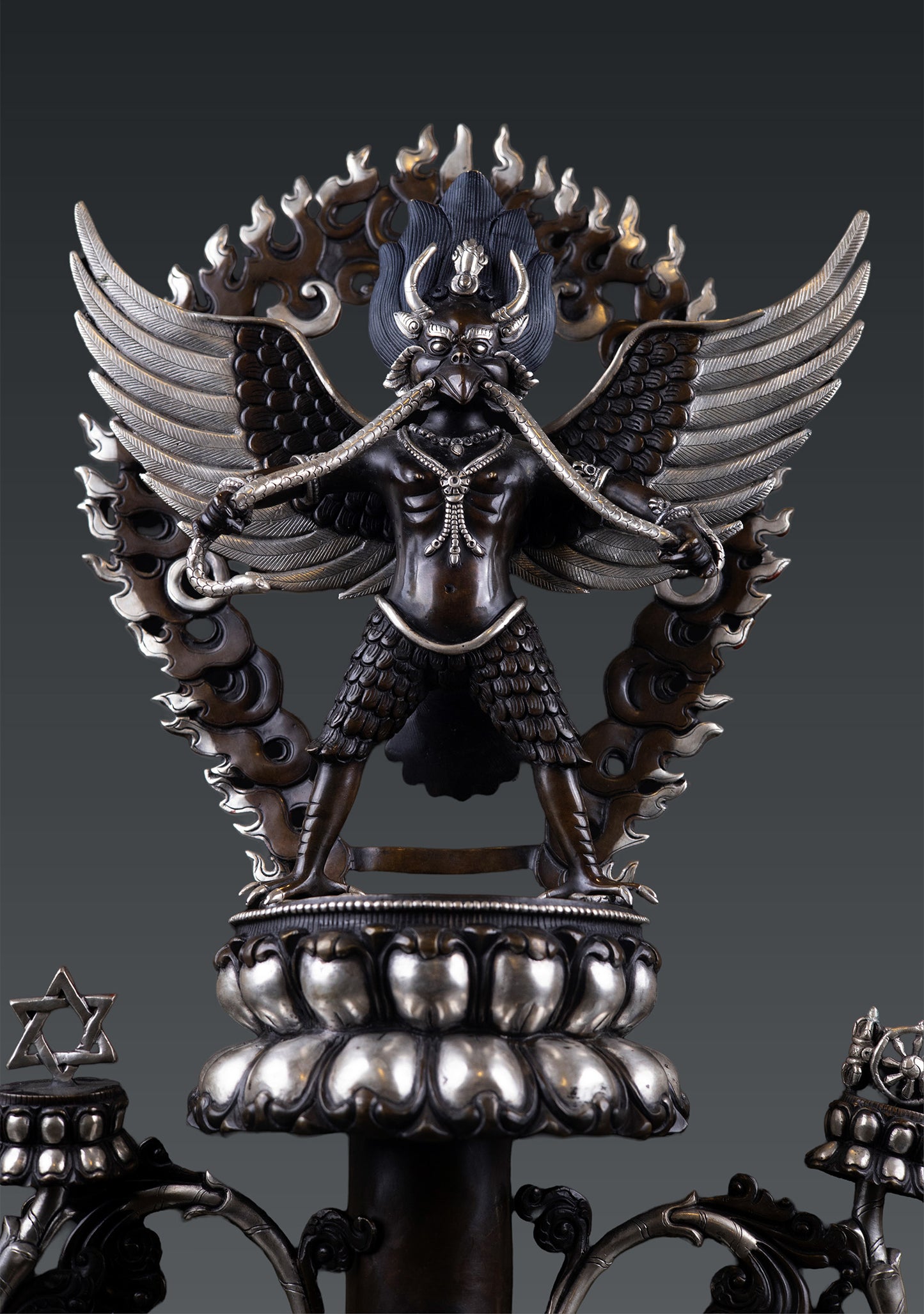 Tibetan Buddhism Handmade Garuda Bantej Eagle Silver Plated Pure Copper Oxide Statue Figure Sculpture Nepal free