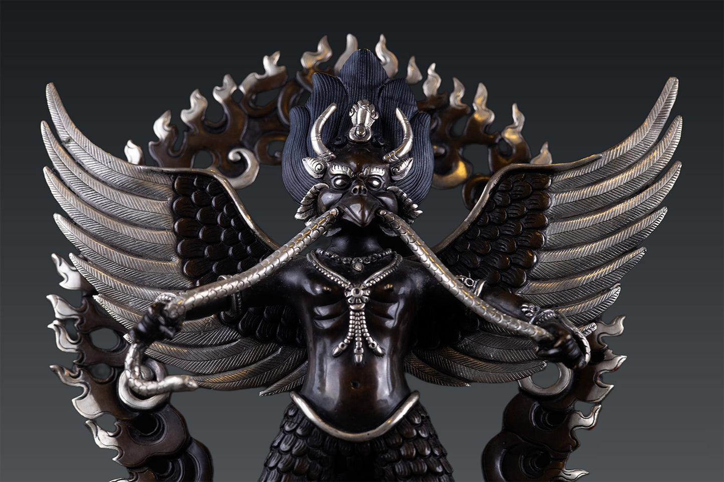 Tibetan Buddhism Handmade Garuda Bantej Eagle Silver Plated Pure Copper Oxide Statue Figure Sculpture Nepal free