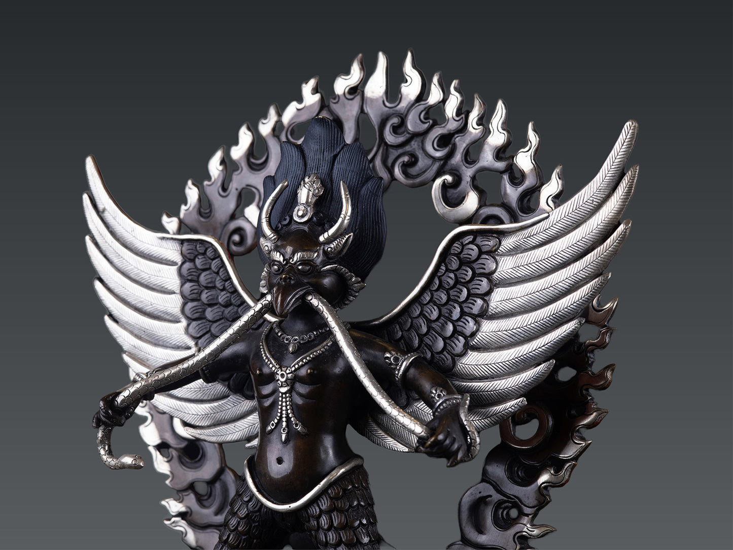 Tibetan Buddhism Handmade Garuda Bantej Eagle Silver Plated Pure Copper Oxide Statue Figure Sculpture Nepal free