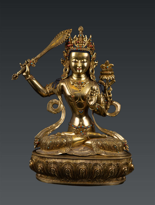Unique Tibetan Buddhism Lord Maha Manjushree Manjushri Pure Gold Plated Pure Copper Statue Figure Nepal free 95