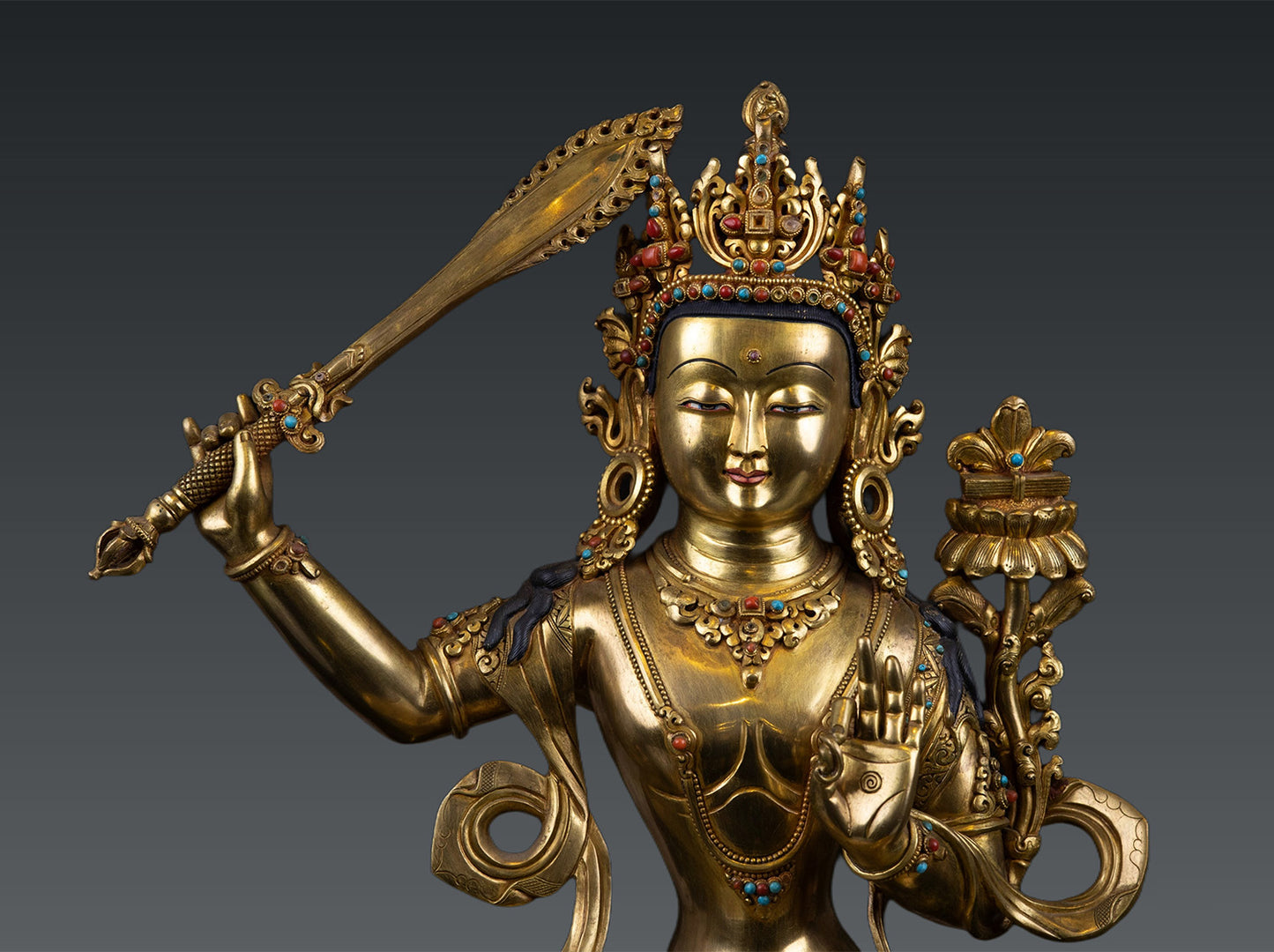 Unique Tibetan Buddhism Goddess Maha Manjushree Manjushri Pure Gold Plated Pure Copper Statue Figure Nepal free 95