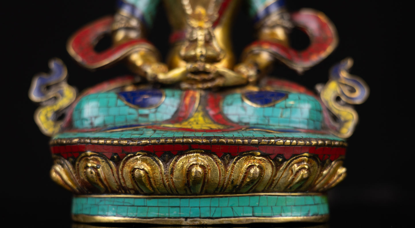 Tibetan Buddhism Hand Painting Lord Aparimita Aparamita Amitayus Buddha Copper Turquoise Coral Stone Statue Sculpture Figure free