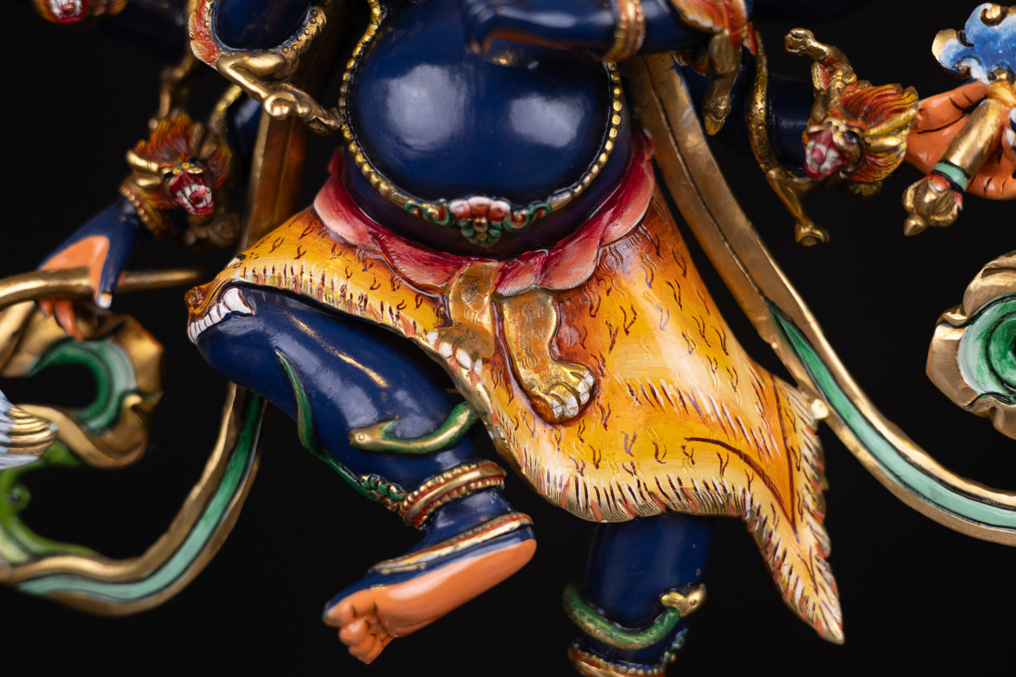 Tibetan Buddhism Gold Face Paint Wrathful Deity Lord Eight Hand Bhairav Mahakal Multicolor Hand Painting Copper Statue Sculpture Figure