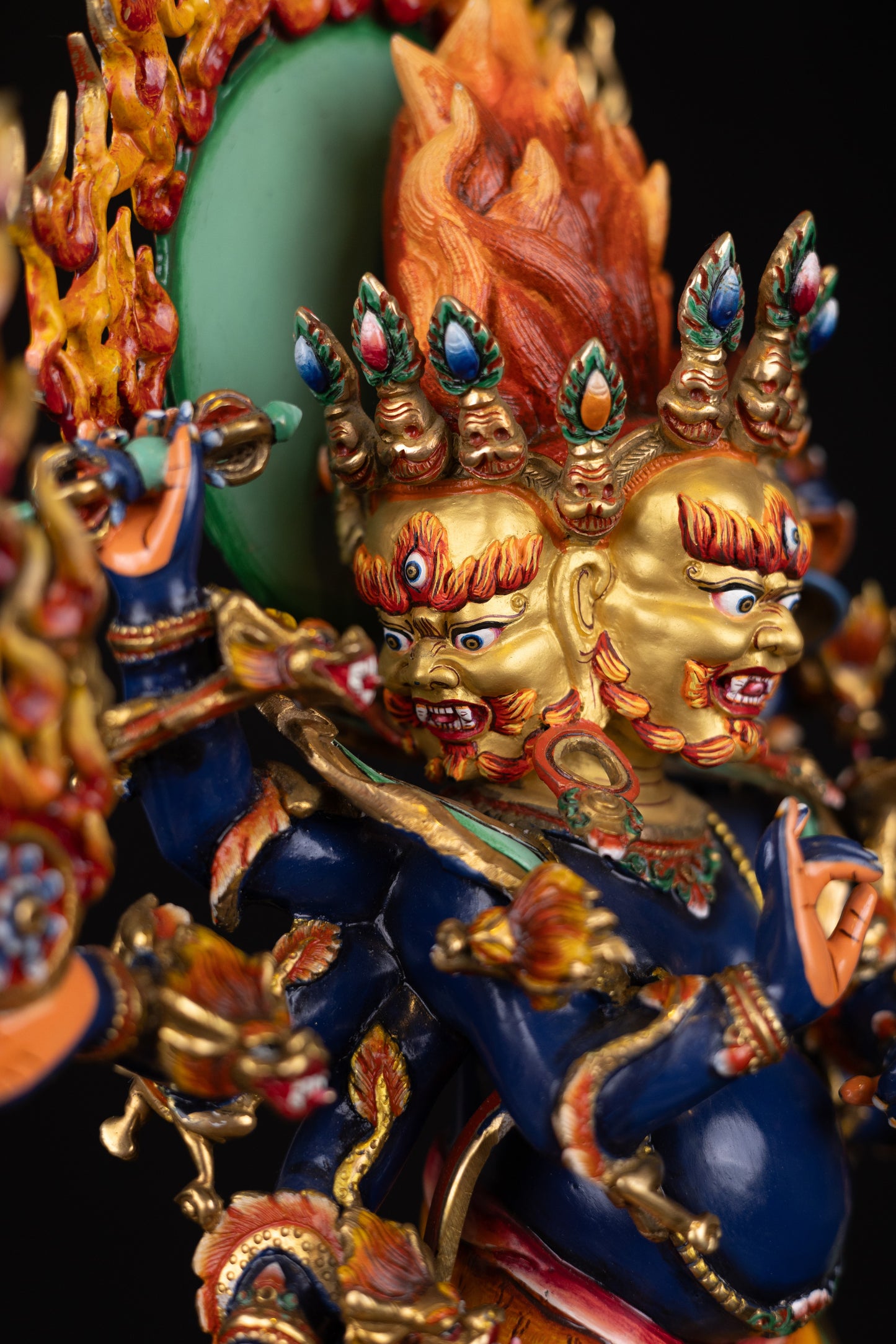 Tibetan Buddhism Gold Face Paint Wrathful Deity Lord Eight Hand Bhairav Mahakal Multicolor Hand Painting Copper Statue Sculpture Figure