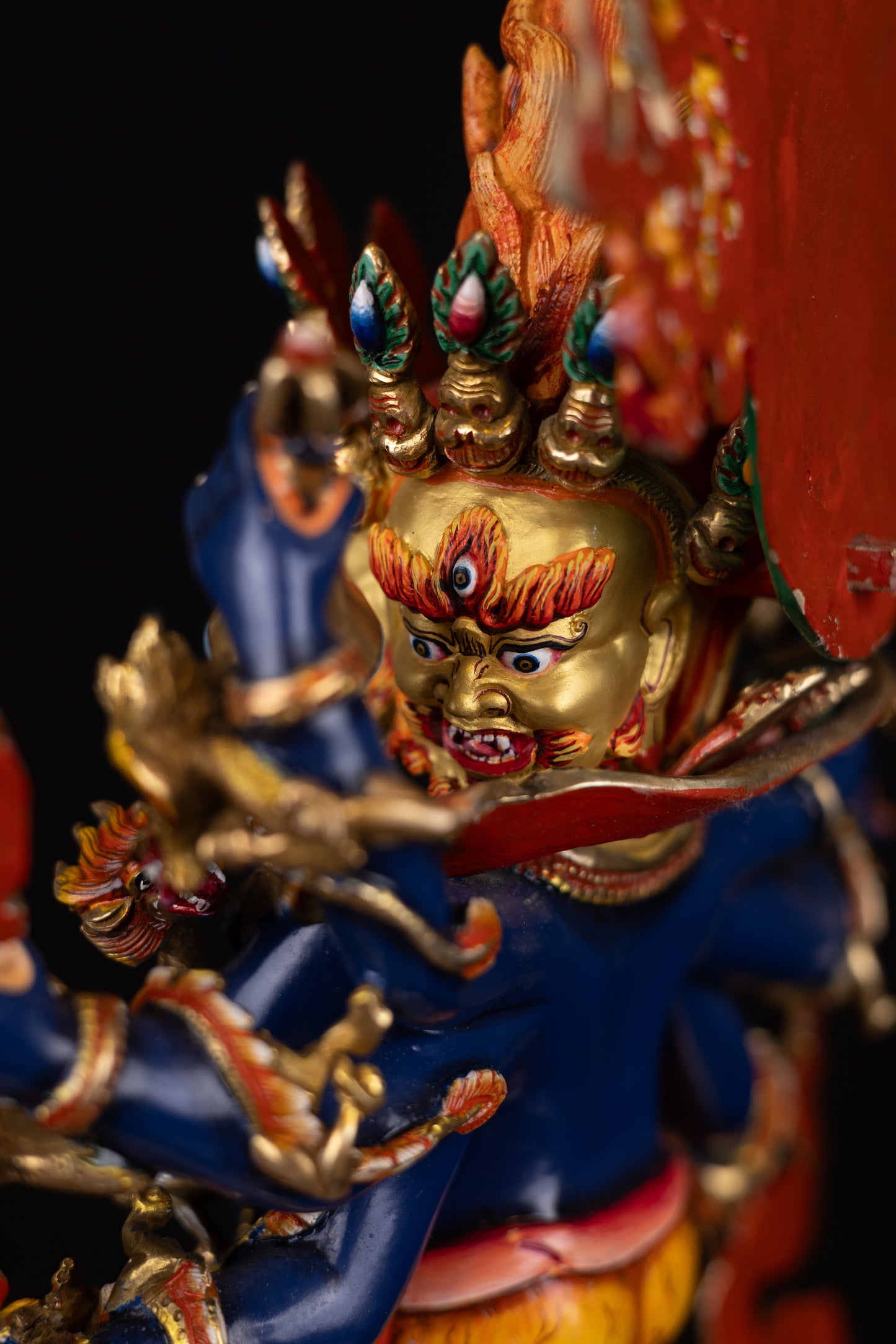 Tibetan Buddhism Gold Face Paint Wrathful Deity Lord Eight Hand Bhairav Mahakal Multicolor Hand Painting Copper Statue Sculpture Figure