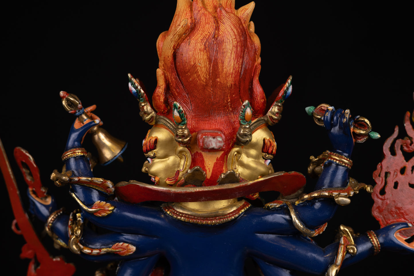 Tibetan Buddhism Gold Face Paint Wrathful Deity Lord Eight Hand Bhairav Mahakal Multicolor Hand Painting Copper Statue Sculpture Figure