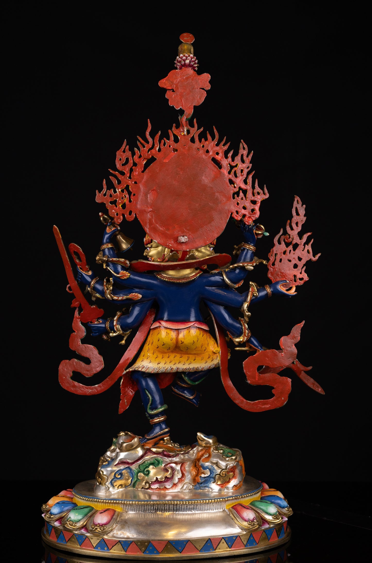 Tibetan Buddhism Gold Face Paint Wrathful Deity Lord Eight Hand Bhairav Mahakal Multicolor Hand Painting Copper Statue Sculpture Figure