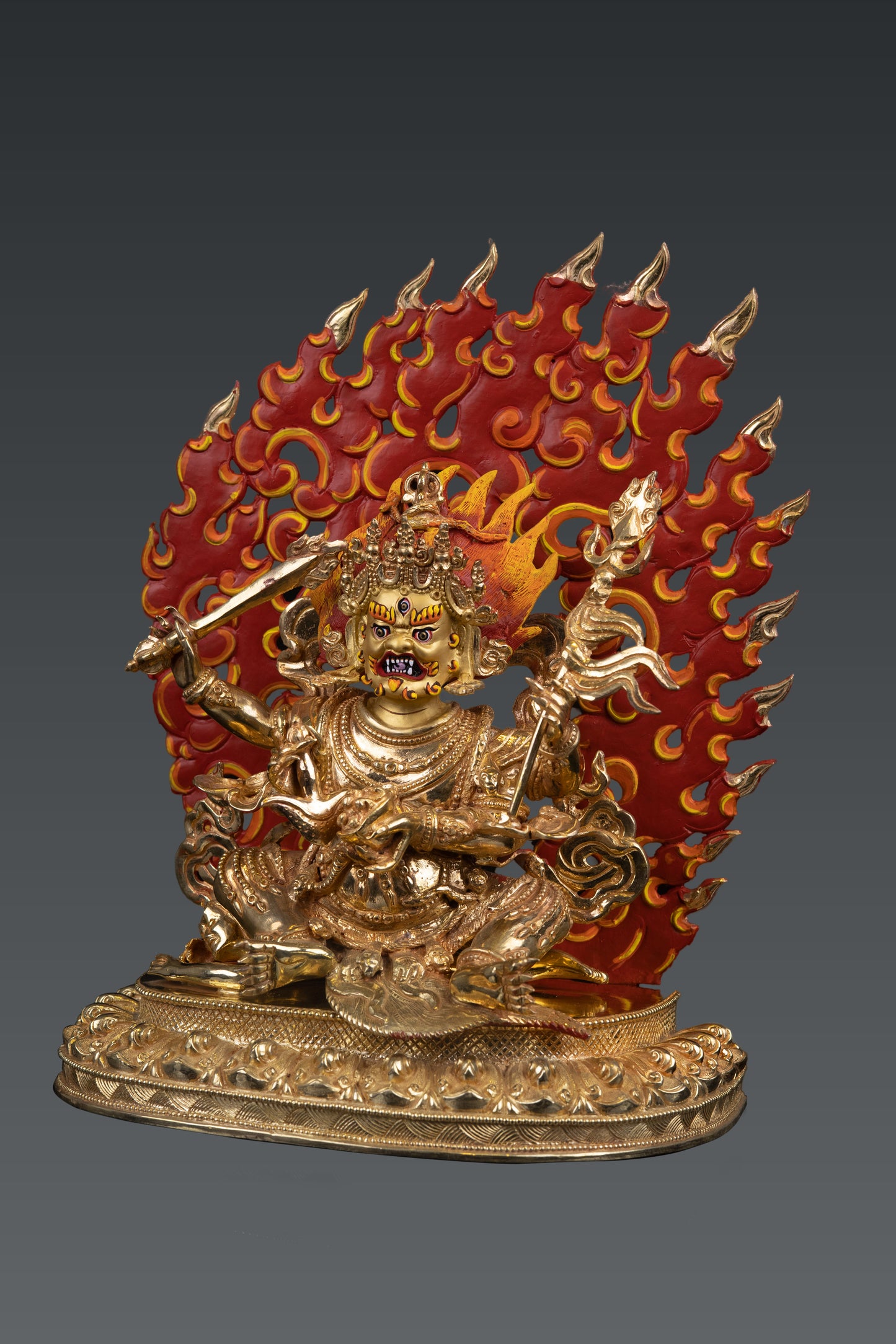 Tibetan Buddhism Gold Face Paint 4 Arms Lord Mahakala Bhairav Gold Plated Statue Figure Nepal free