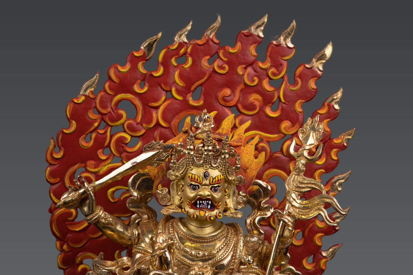 Tibetan Buddhism Gold Face Paint 4 Arms Lord Mahakala Bhairav Gold Plated Statue Figure Nepal free
