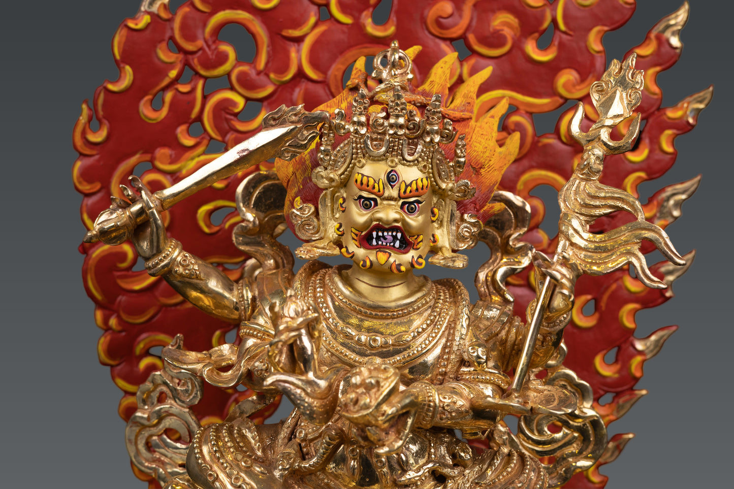 Tibetan Buddhism Gold Face Paint 4 Arms Lord Mahakala Bhairav Gold Plated Statue Figure Nepal free