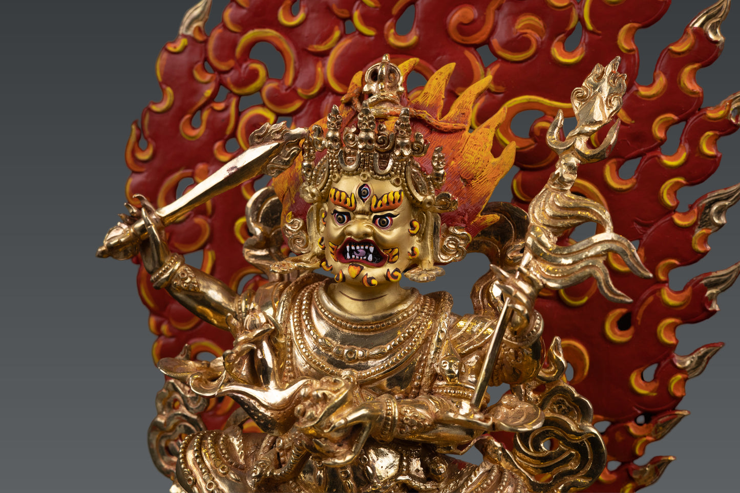 Tibetan Buddhism Gold Face Paint 4 Arms Lord Mahakala Bhairav Gold Plated Statue Figure Nepal free