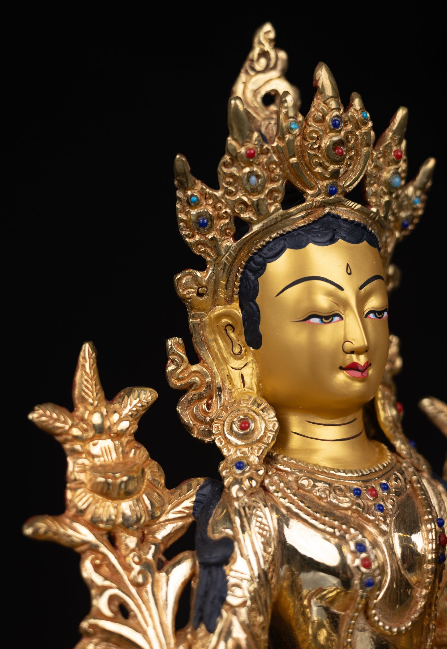 Tibetan Buddhism Gold Face Goddess Green Tara Rupa Dolma Dolma Jongma Turquoise Coral Lapiz Stone Gold Plated Copper Statue Sculpture Figure Nepal free