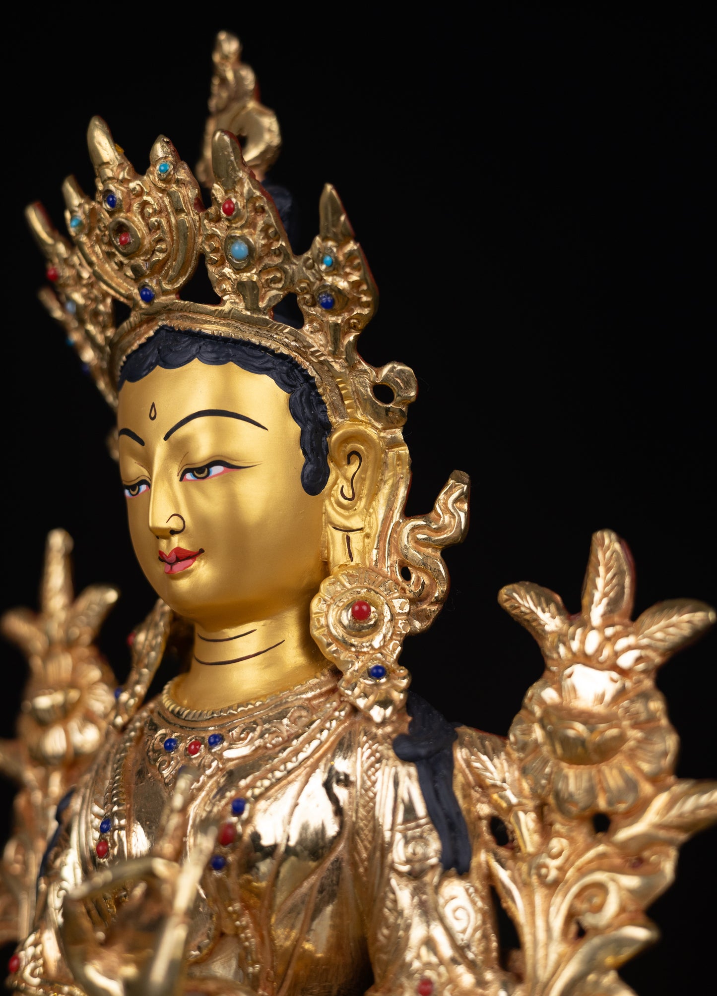 Tibetan Buddhism Gold Face Goddess Green Tara Rupa Dolma Dolma Jongma Turquoise Coral Lapiz Stone Gold Plated Copper Statue Sculpture Figure Nepal free