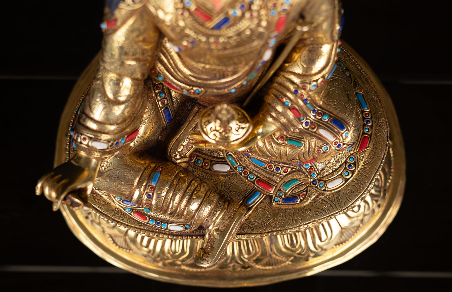 Tibetan Buddhism Gold Face Guru Rinpoche Padmasambhava Turquoise Coral Lapiz Stone Gold Plated Copper Statue Sculpture Figure Nepal free