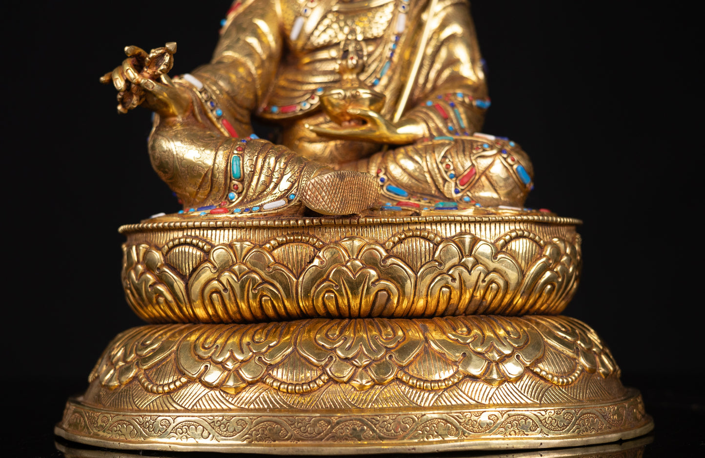 Tibetan Buddhism Gold Face Guru Rinpoche Padmasambhava Turquoise Coral Lapiz Stone Gold Plated Copper Statue Sculpture Figure Nepal free