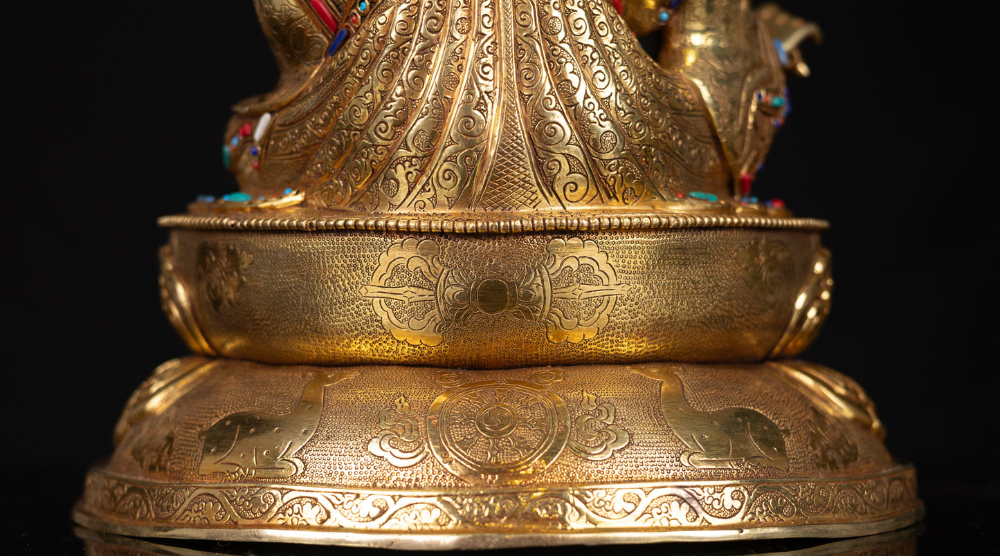 Tibetan Buddhism Gold Face Guru Rinpoche Padmasambhava Turquoise Coral Lapiz Stone Gold Plated Copper Statue Sculpture Figure Nepal free