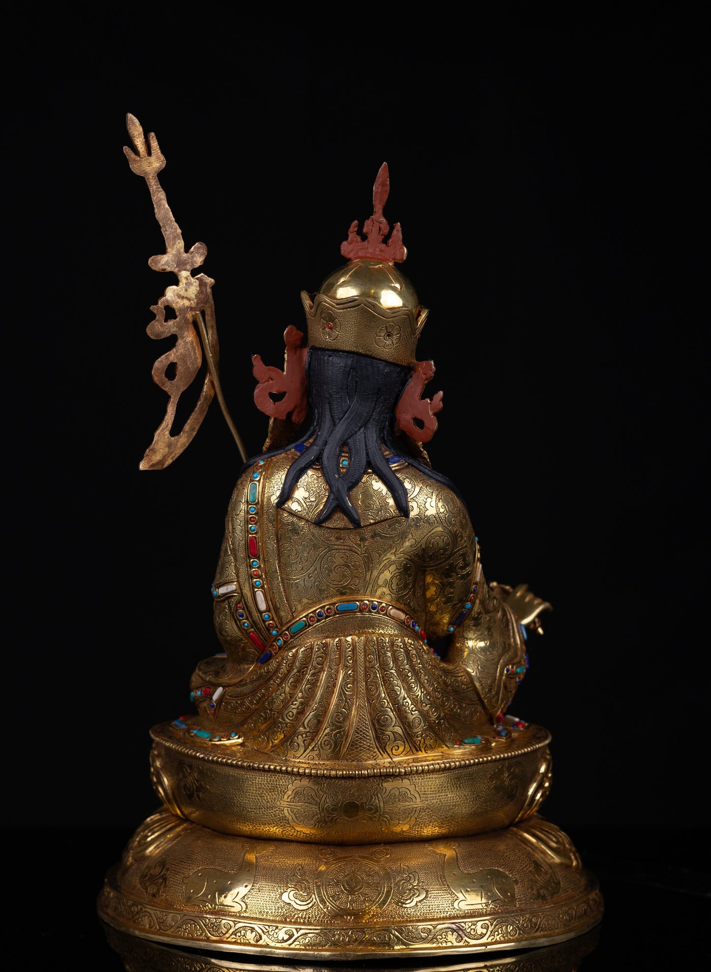 Tibetan Buddhism Gold Face Guru Rinpoche Padmasambhava Turquoise Coral Lapiz Stone Gold Plated Copper Statue Sculpture Figure Nepal free