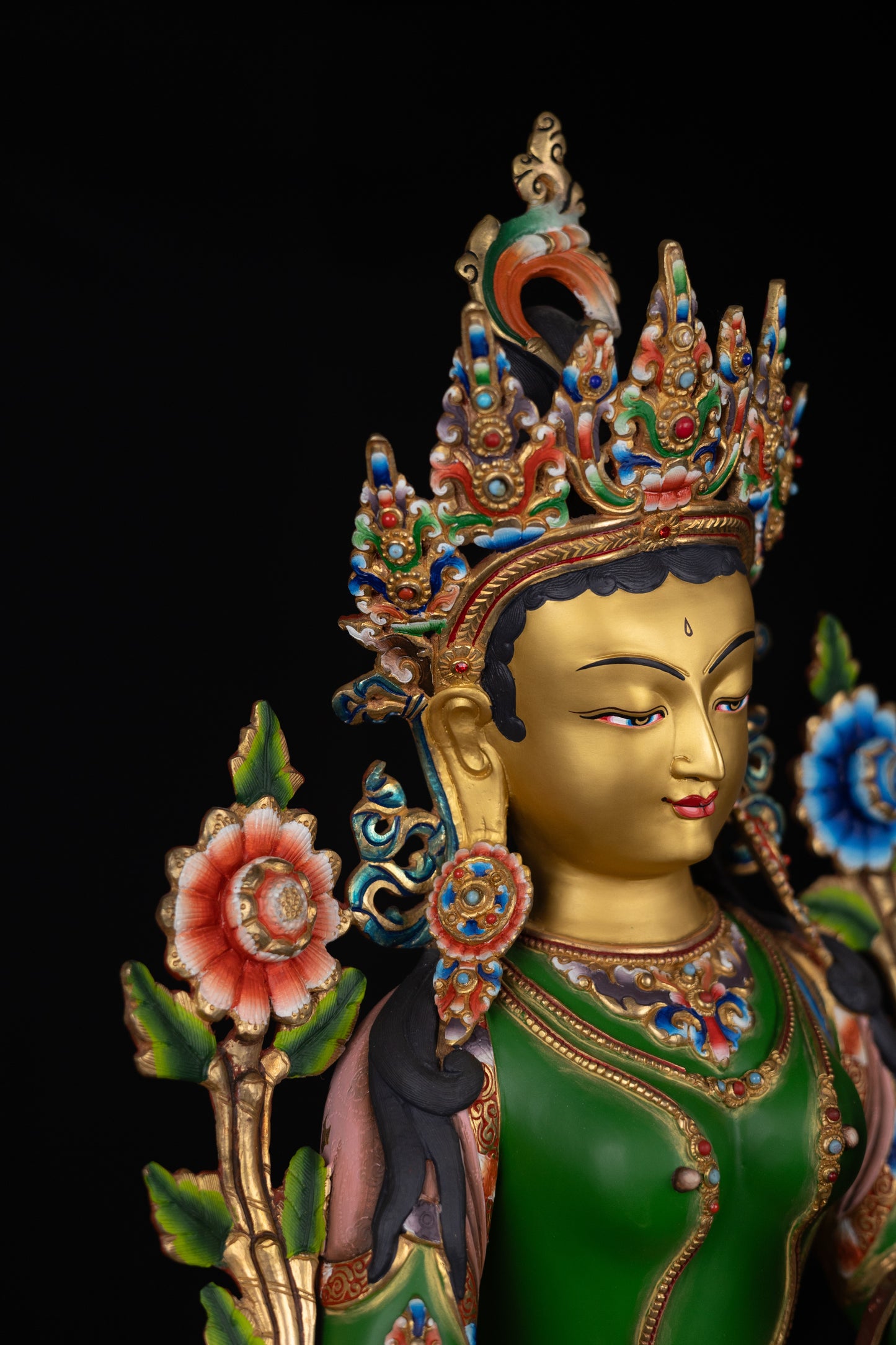 Tibetan Buddhism Gold Face Goddess Green Tara Rupa Dolma Dolma Jongma Hand Painting Color Copper Statue Sculpture Figure Nepal free