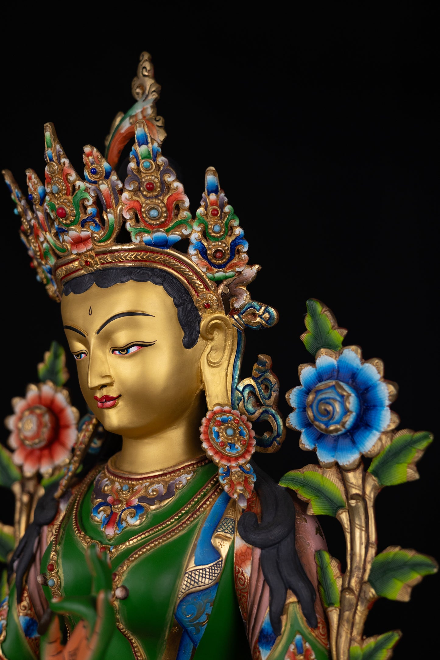 Tibetan Buddhism Gold Face Goddess Green Tara Rupa Dolma Dolma Jongma Hand Painting Color Copper Statue Sculpture Figure Nepal free