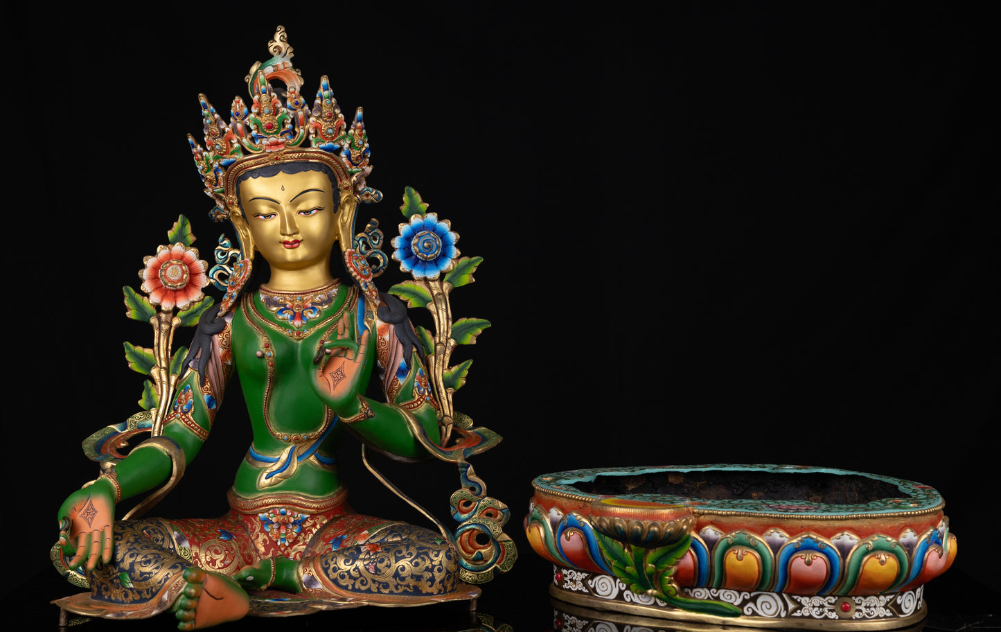 Tibetan Buddhism Gold Face Goddess Green Tara Rupa Dolma Dolma Jongma Hand Painting Color Copper Statue Sculpture Figure Nepal free