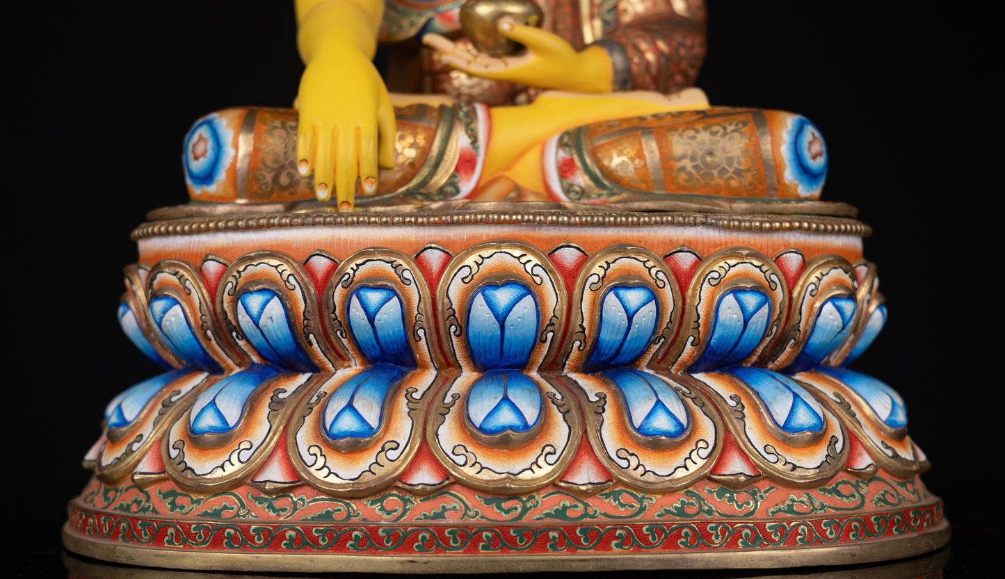 Tibetan Buddhism Gold Face Paint Lord Shakyamuni Buddha Hand Craved Yellow Multi-color Copper Statue Sculpture Figure Nepal free