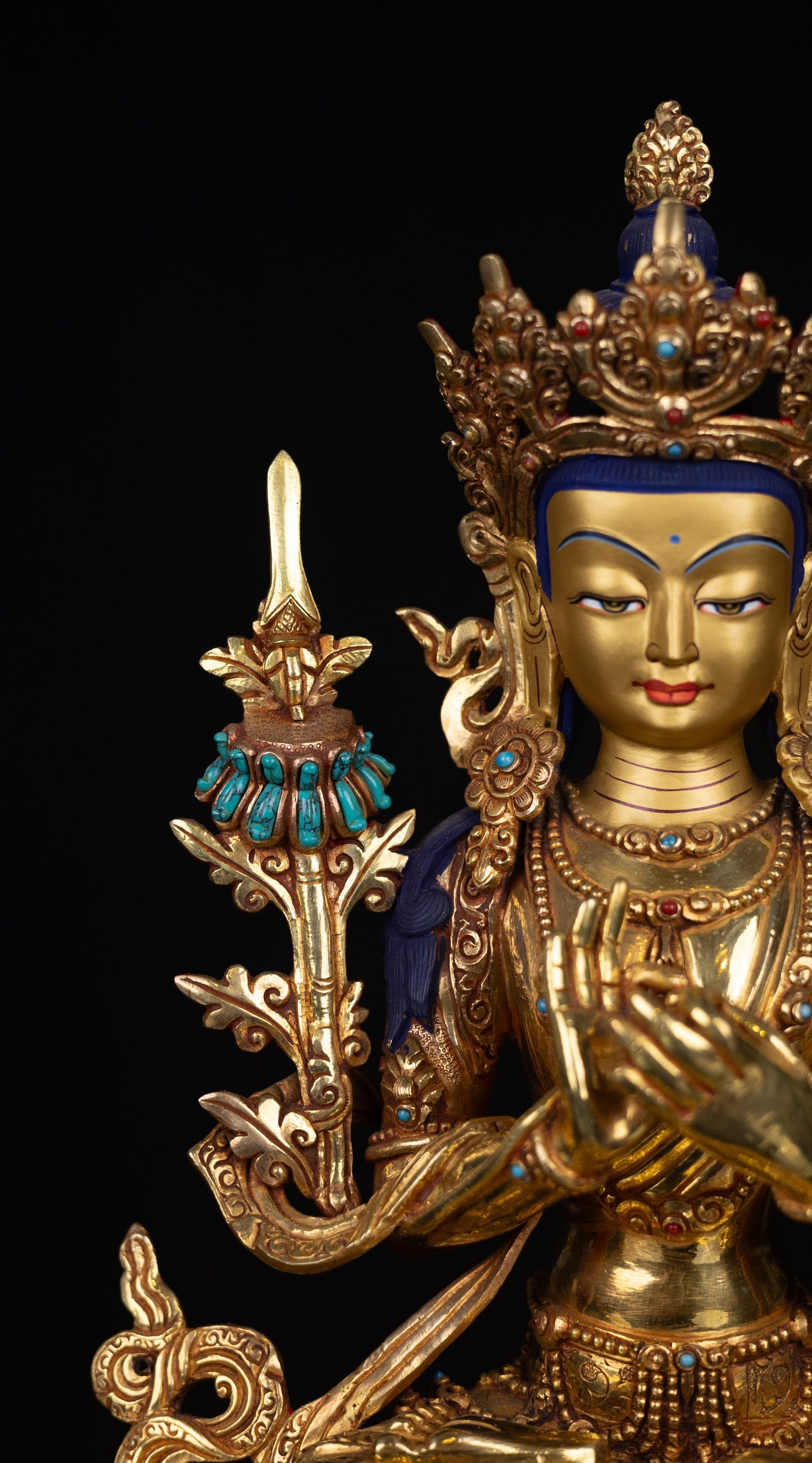 Tibetan Buddhism Lord Manjushri Gold Face Paint Copper Gold Plated Turquoise Lapiz Coral Stone Statue Figure Sculpture Nepal free