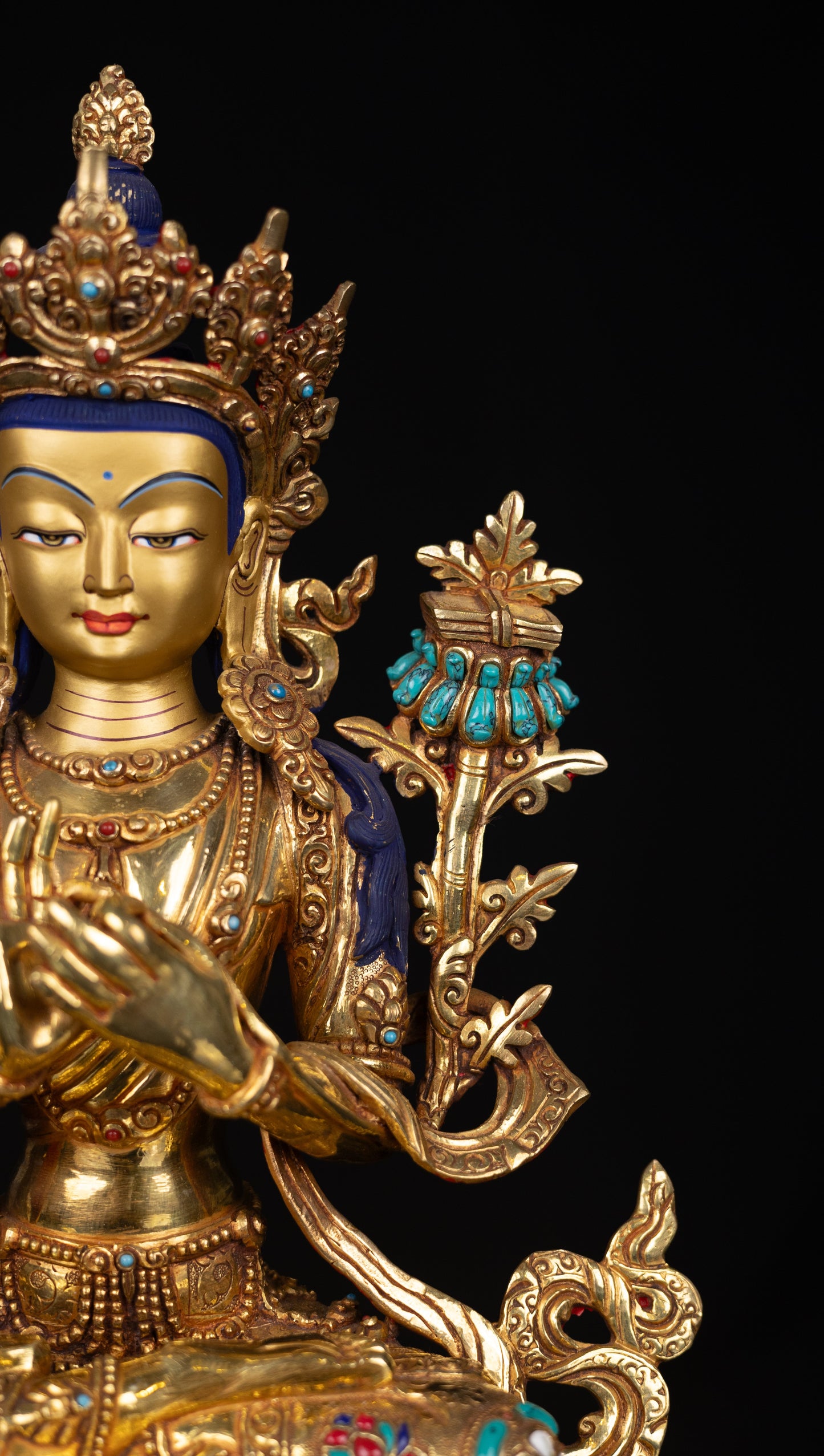 Tibetan Buddhism Lord Manjushri Gold Face Paint Copper Gold Plated Turquoise Lapiz Coral Stone Statue Figure Sculpture Nepal free