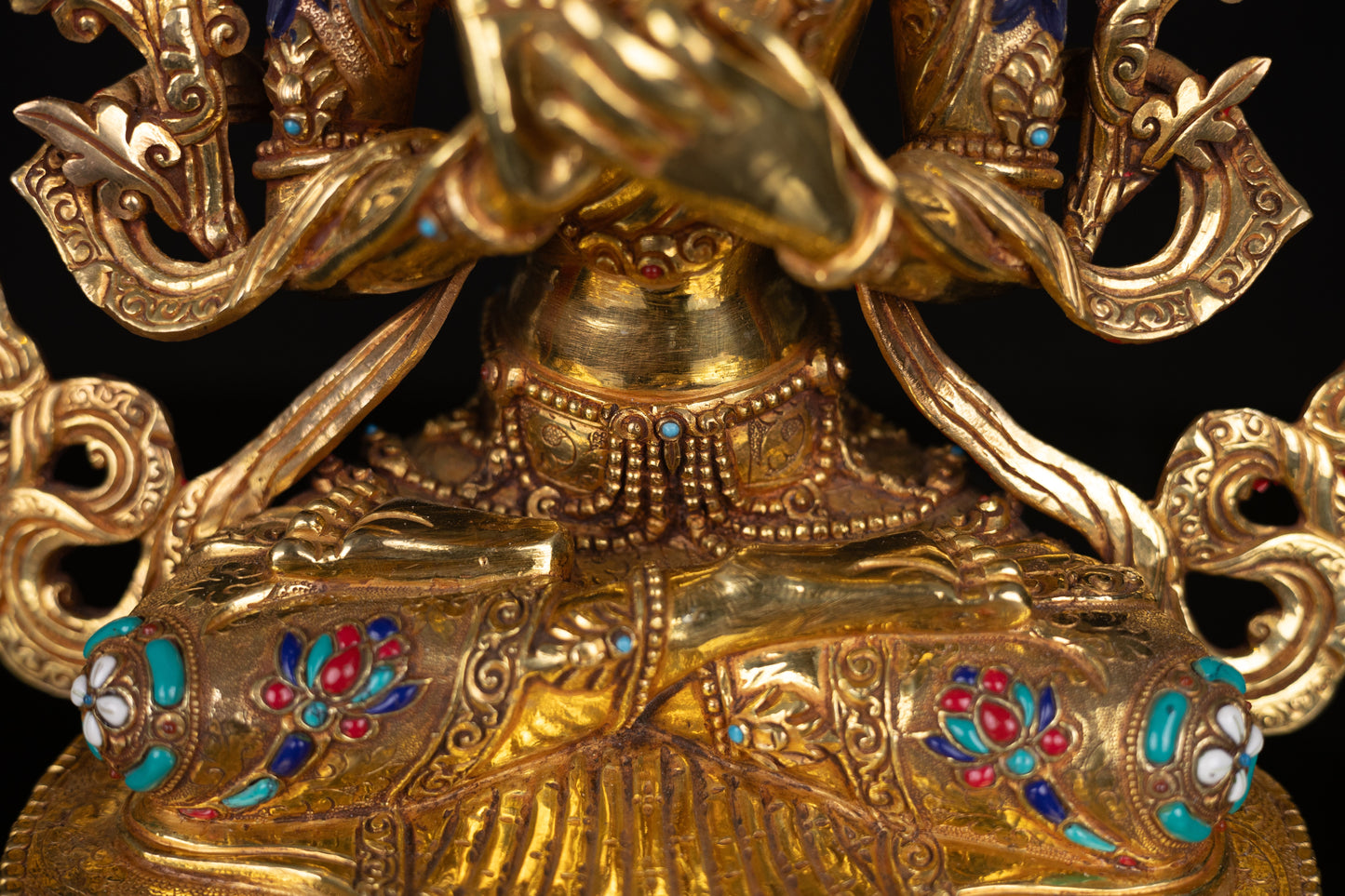 Tibetan Buddhism Lord Manjushri Gold Face Paint Copper Gold Plated Turquoise Lapiz Coral Stone Statue Figure Sculpture Nepal free