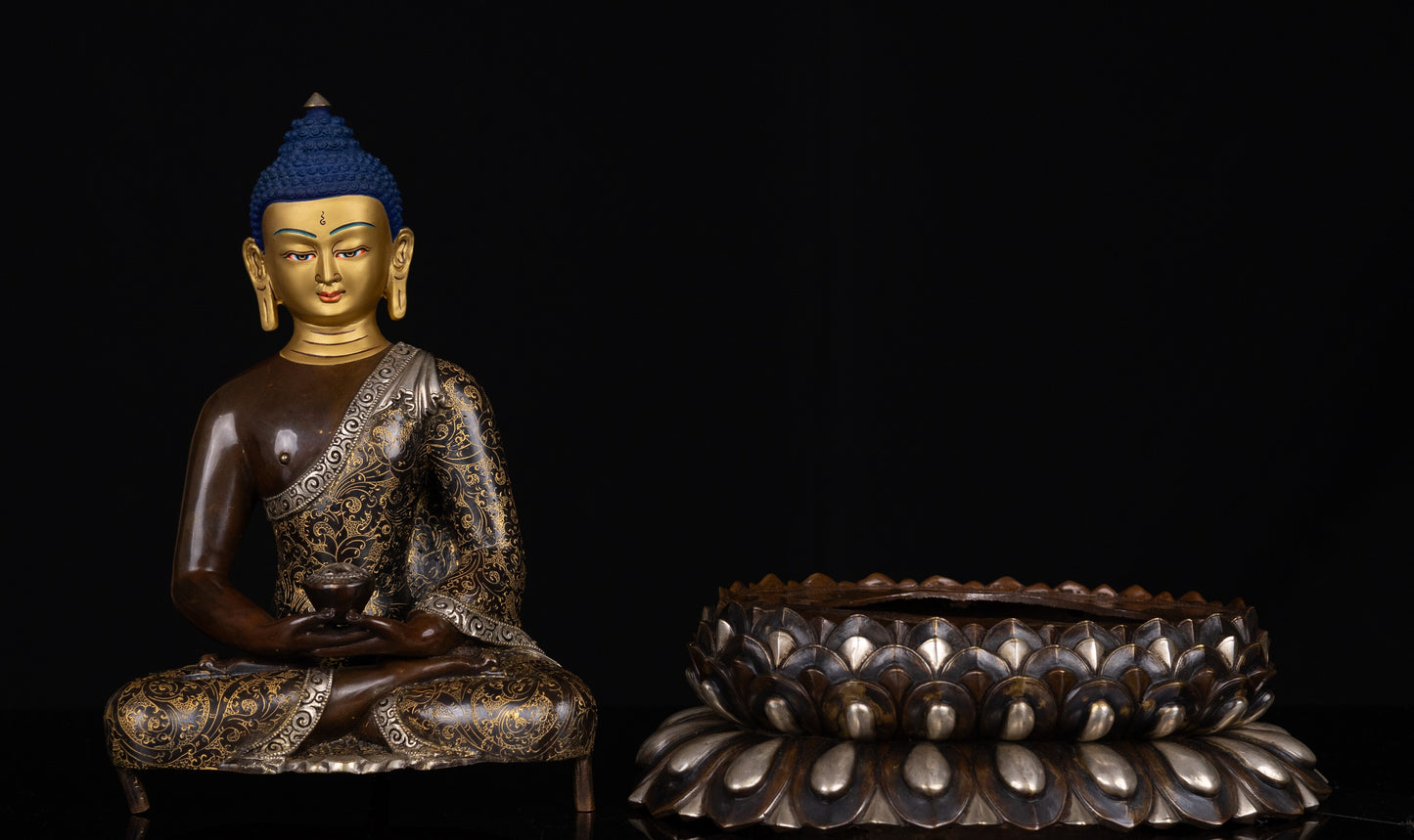 Tibetan Buddhism Gold Face Hand Paint Lord Amitabha Buddha Opakme Silver Oxide Copper Hand Craved Statue Sculpture Figure Nepal free