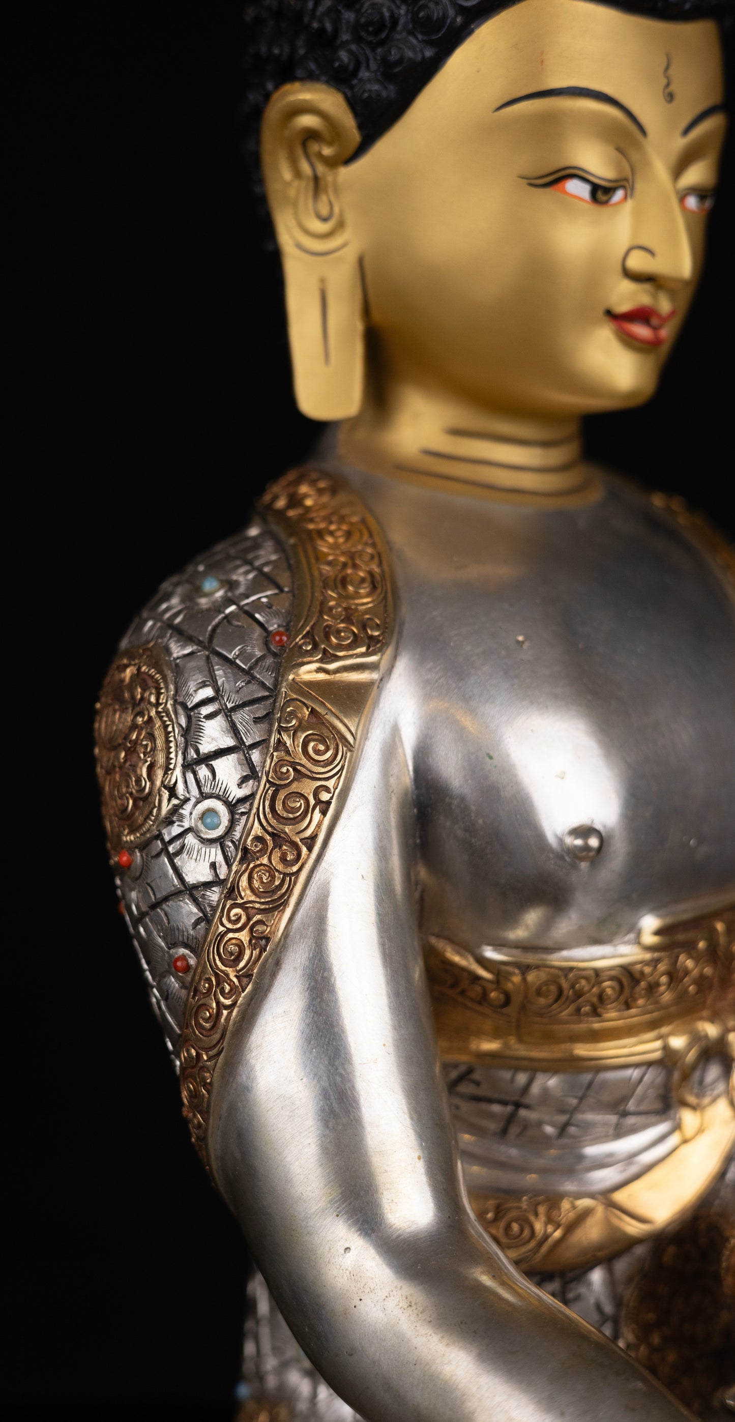 Tibetan Buddhism Gold Face Painting Lord Shakyamuni Buddha Shakya Hand Craved Gold Silver Plated Copper Statue Sculpture Figure Nepal free