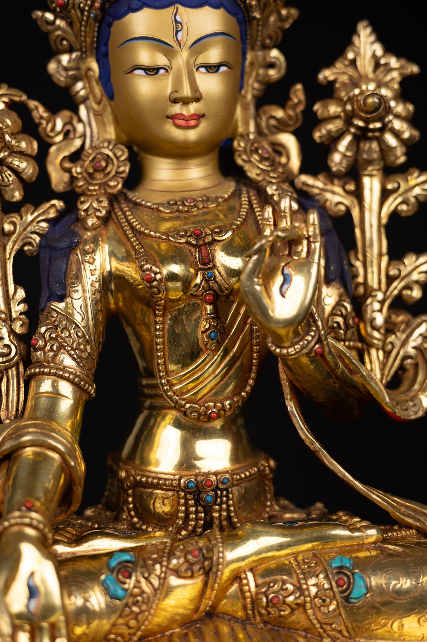 Tibetan Buddhism Gold Face Goddess White Tara Rupa Dolma Gold Plated Turquoise Stone Copper Statue Sculpture Figure Nepal free