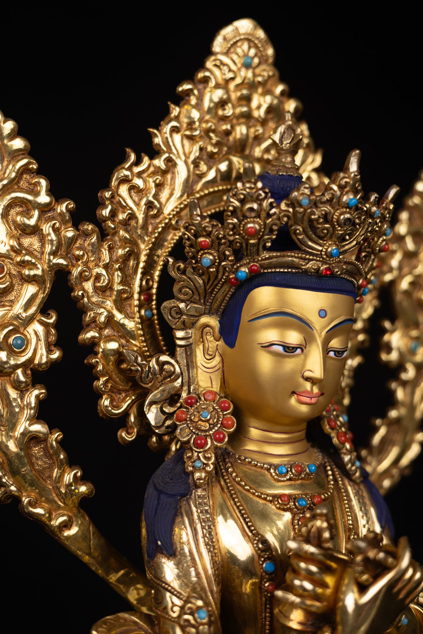 Tibetan Buddhism Gold Face Hand Painting Lord Vajradhara Copper Turquoise Coral Stone Statue Sculpture Figure Nepal free