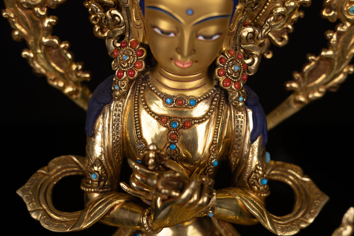 Tibetan Buddhism Gold Face Hand Painting Lord Vajradhara Copper Turquoise Coral Stone Statue Sculpture Figure Nepal free